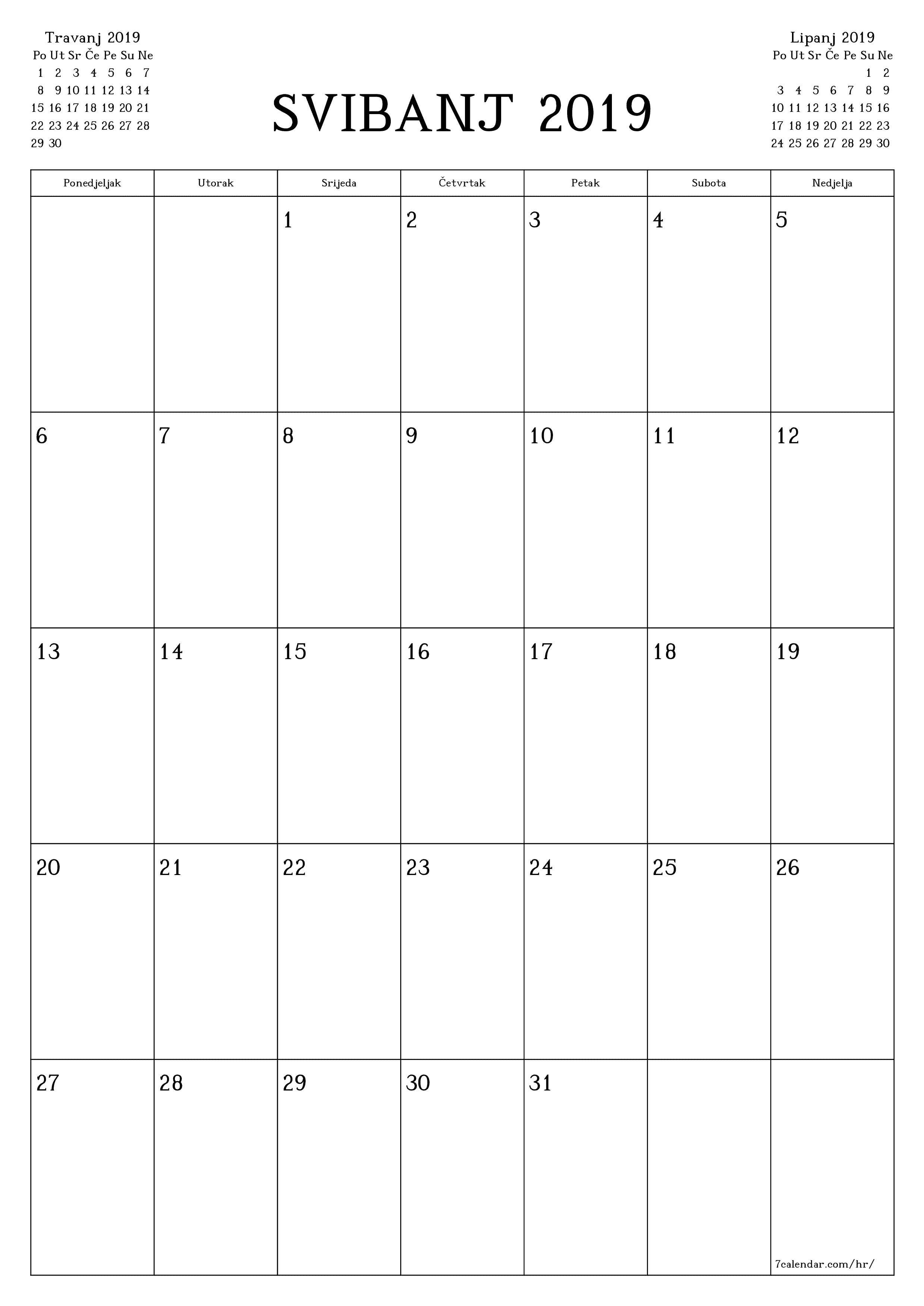 za ispis zidni predložak a besplatni okomito Mjesečni planer kalendar Svibanj (Svi) 2019