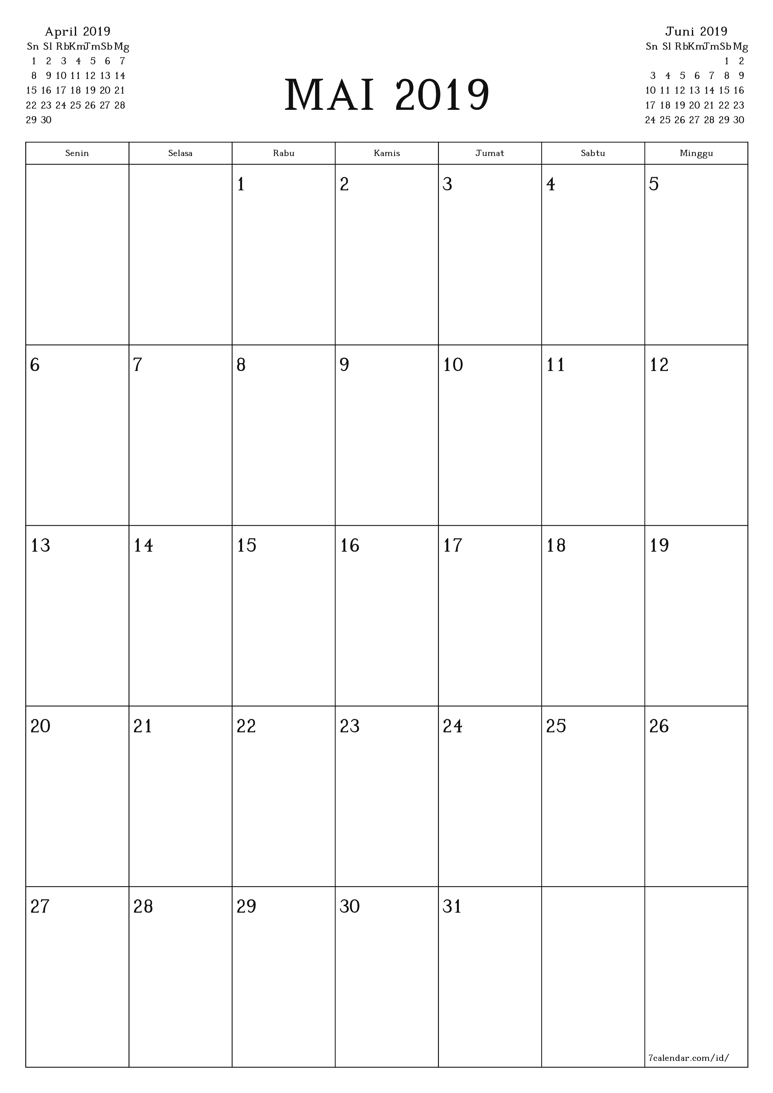 Kosongkan agenda bulanan untuk bulan Mai 2019 dengan catatan, simpan dan cetak ke PDF PNG Indonesian