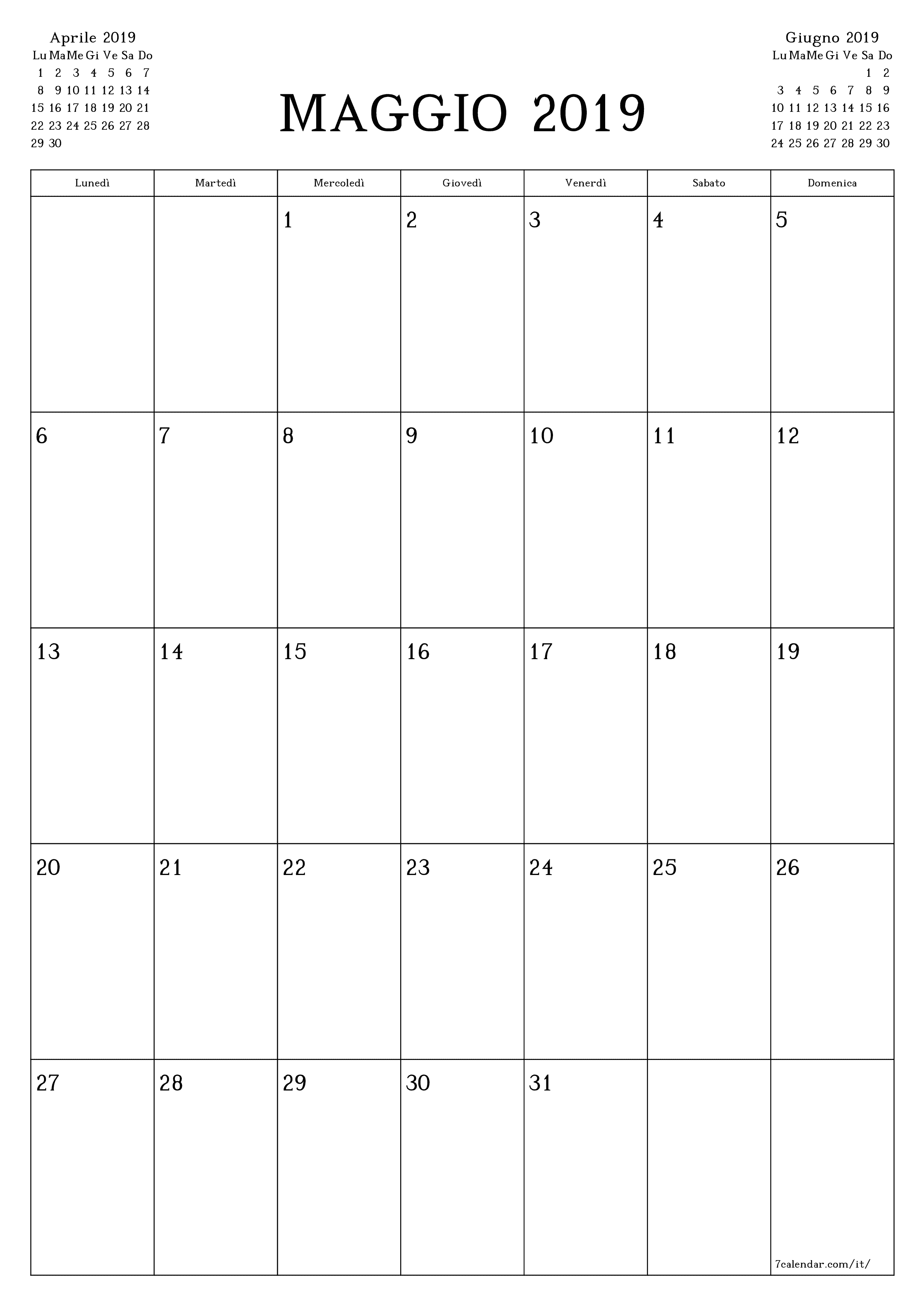 Pianificatore mensile vuoto per il mese Maggio 2019 con note, salva e stampa in PDF PNG Italian