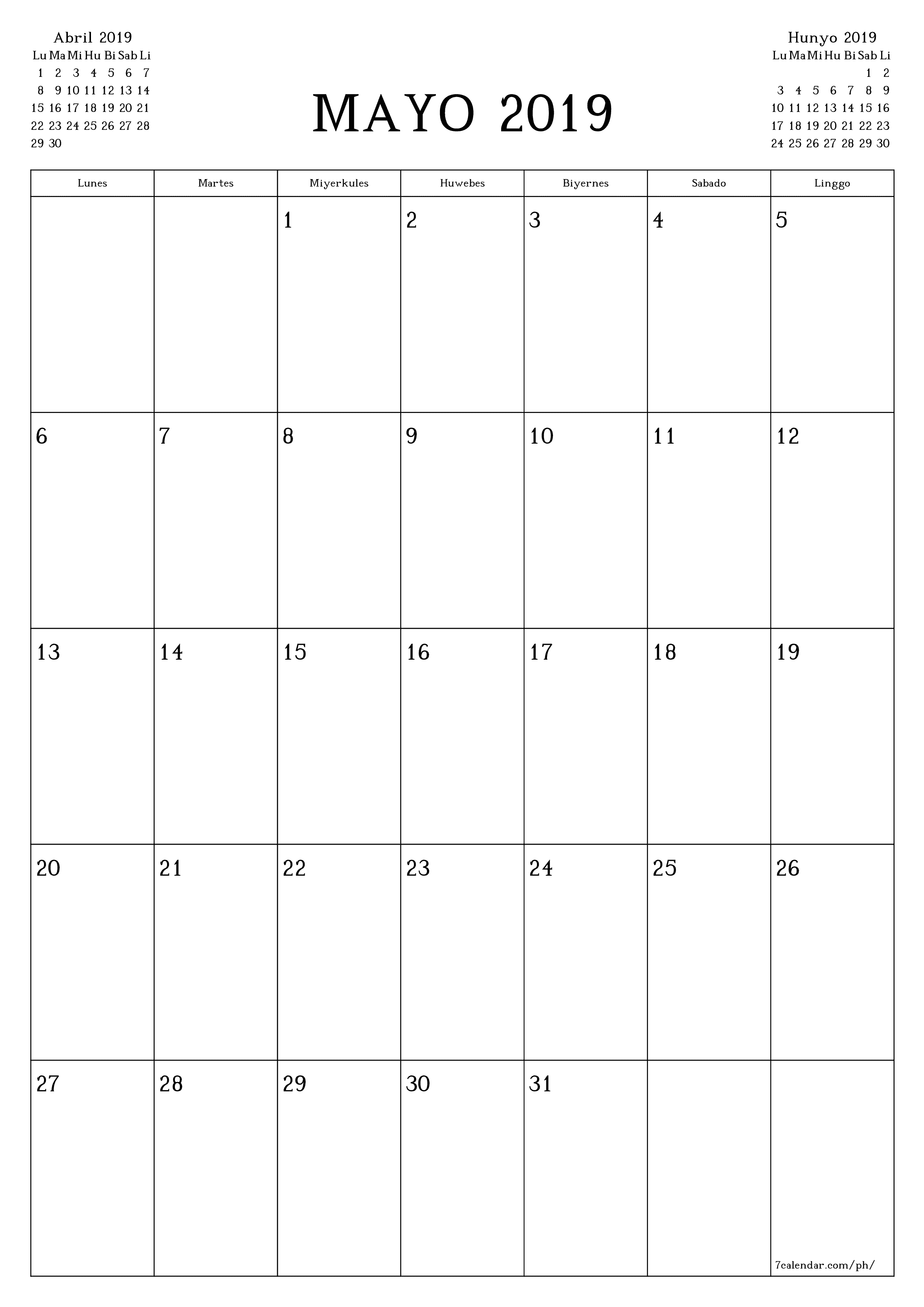 Walang laman na buwanang tagaplano para sa buwan na Mayo 2019 na may mga tala, i-save at i-print sa PDF PNG Filipino