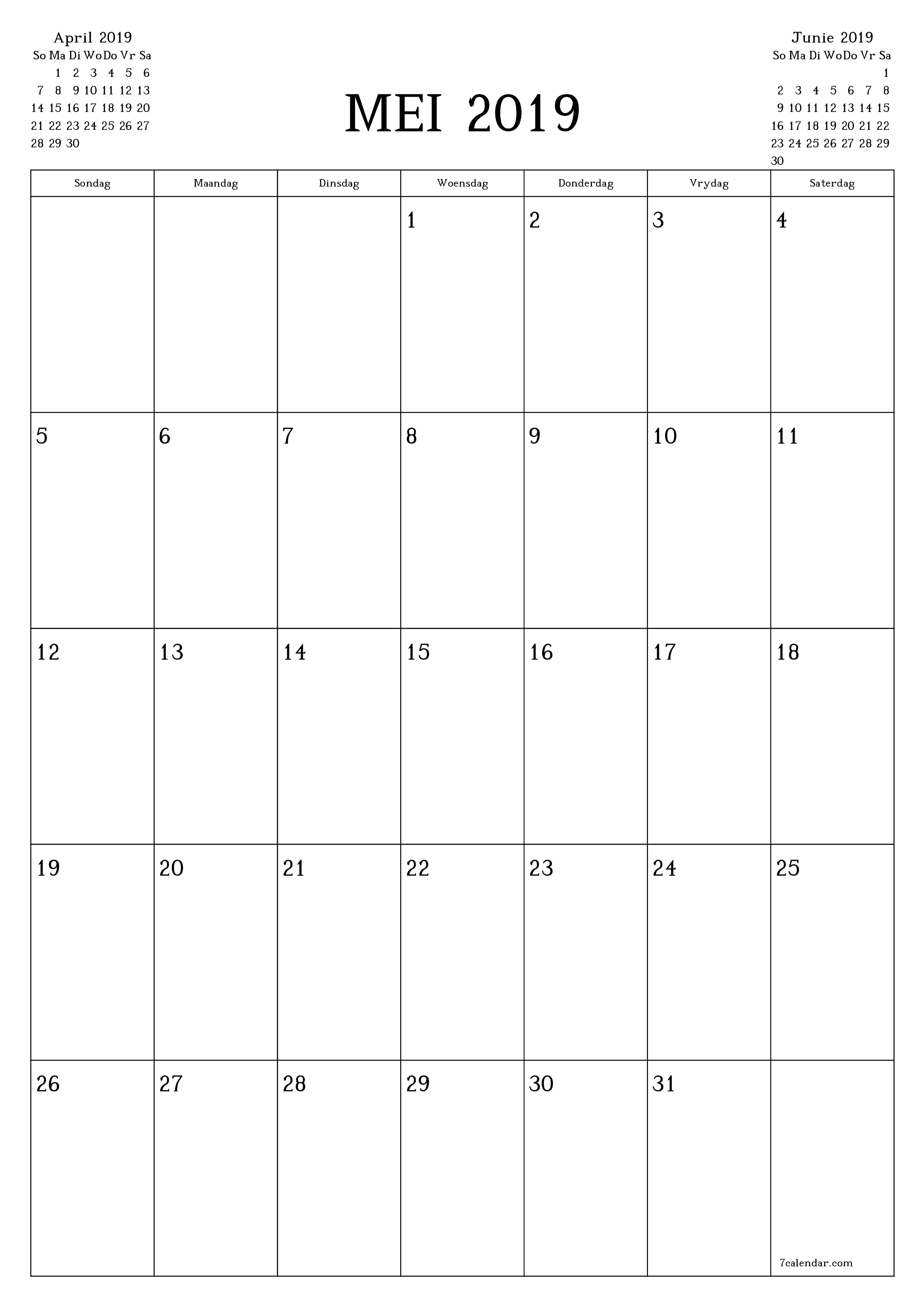 Leë maandelikse drukbare kalender en beplanner vir maand Mei 2019 met notas stoor en druk na PDF PNG Afrikaans