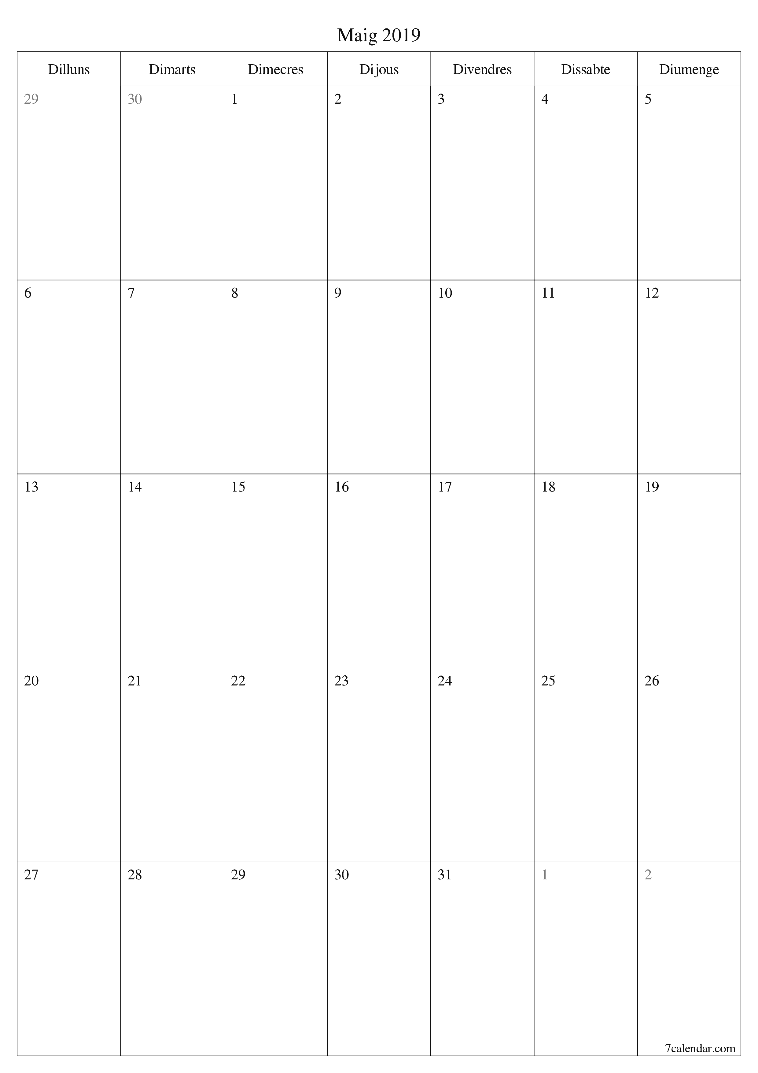 Planificador mensual buit del mes Maig 2019 amb notes, deseu-lo i imprimiu-lo en format PDF PNG Catalan