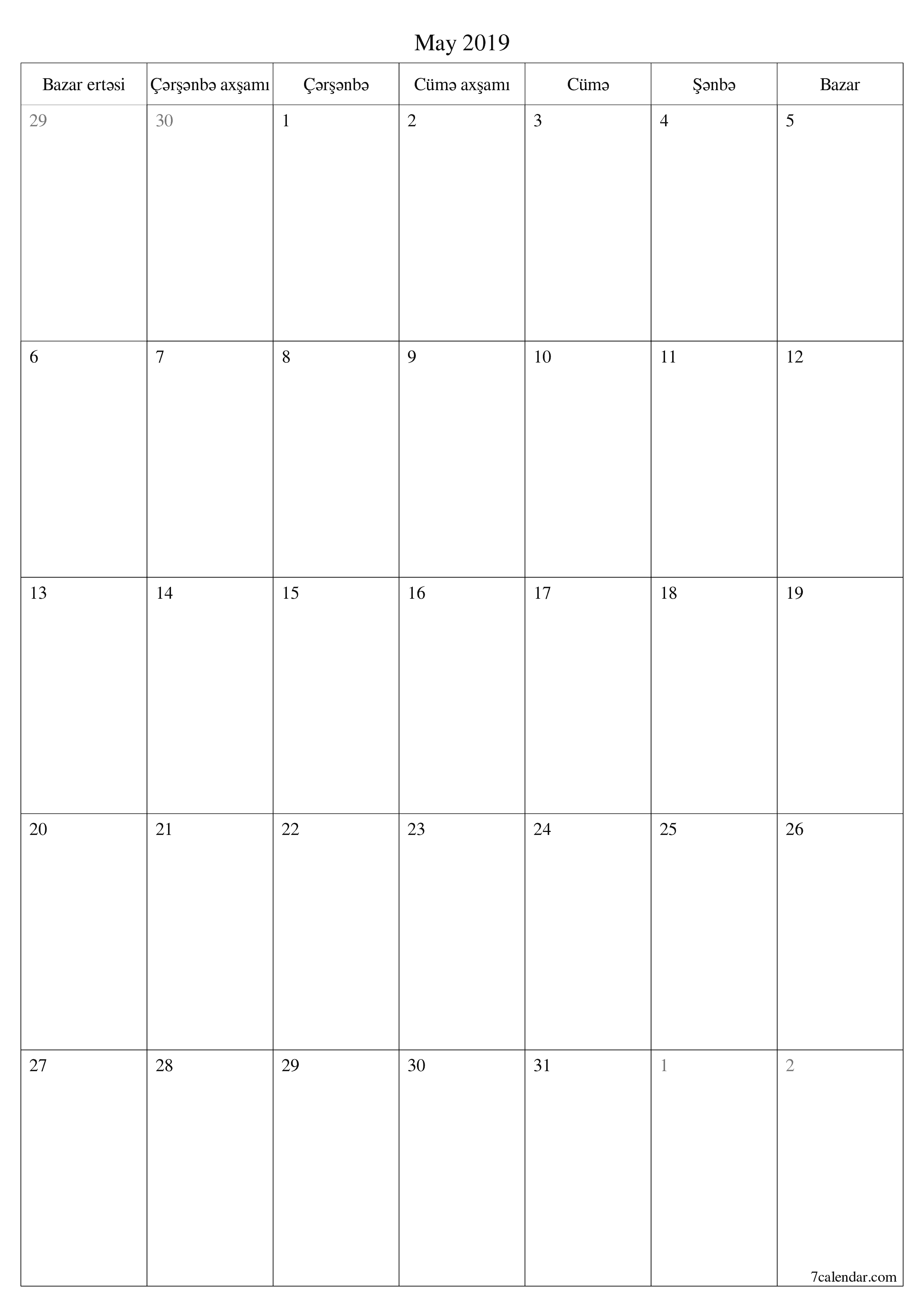 çap edilə bilən divar i şablonu pulsuz şaquli Aylıq planlaşdırıcı təqvim May (May) 2019