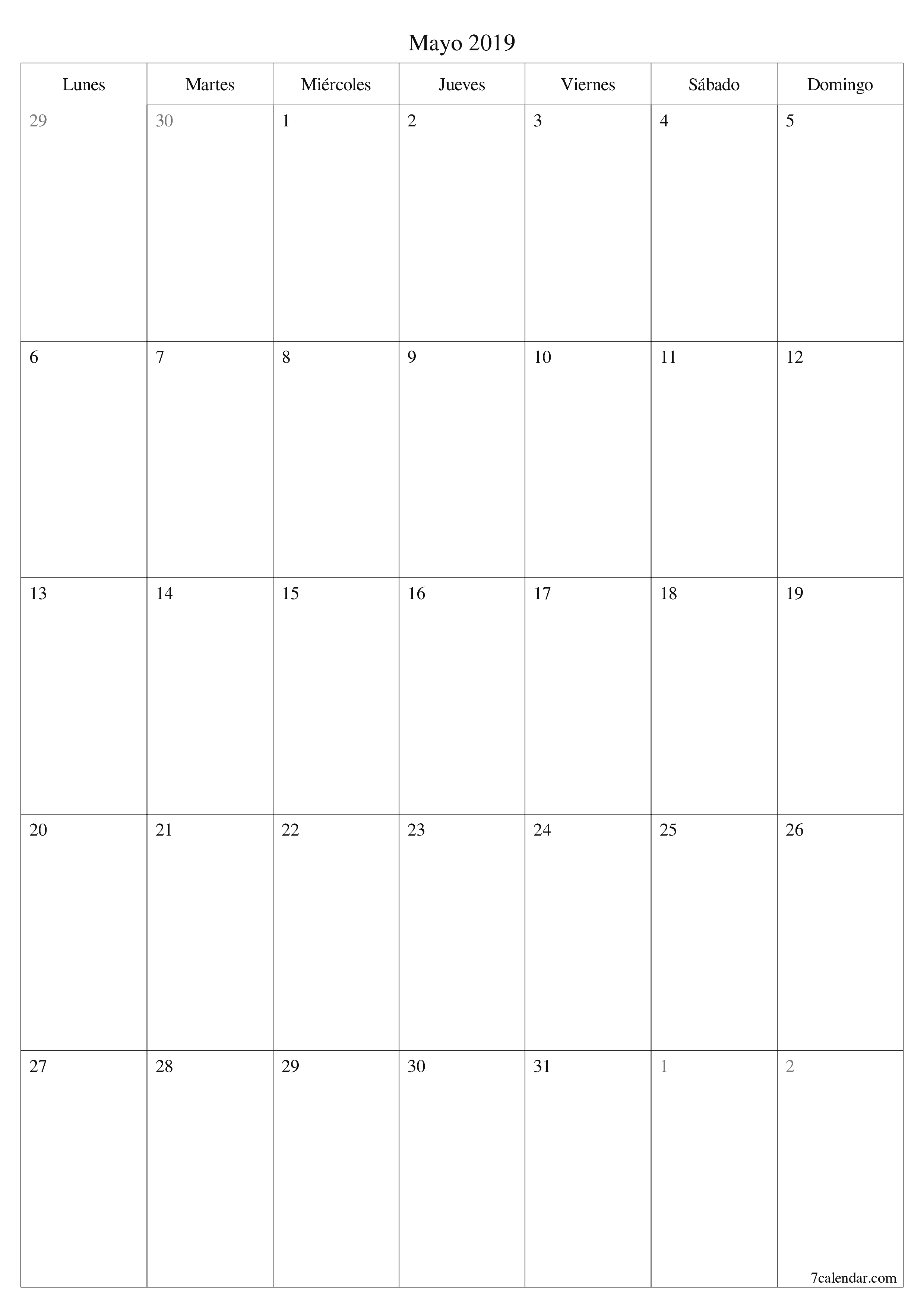 Planificador mensual vacío para el mes Mayo 2019 con notas, guardar e imprimir en PDF PNG Spanish