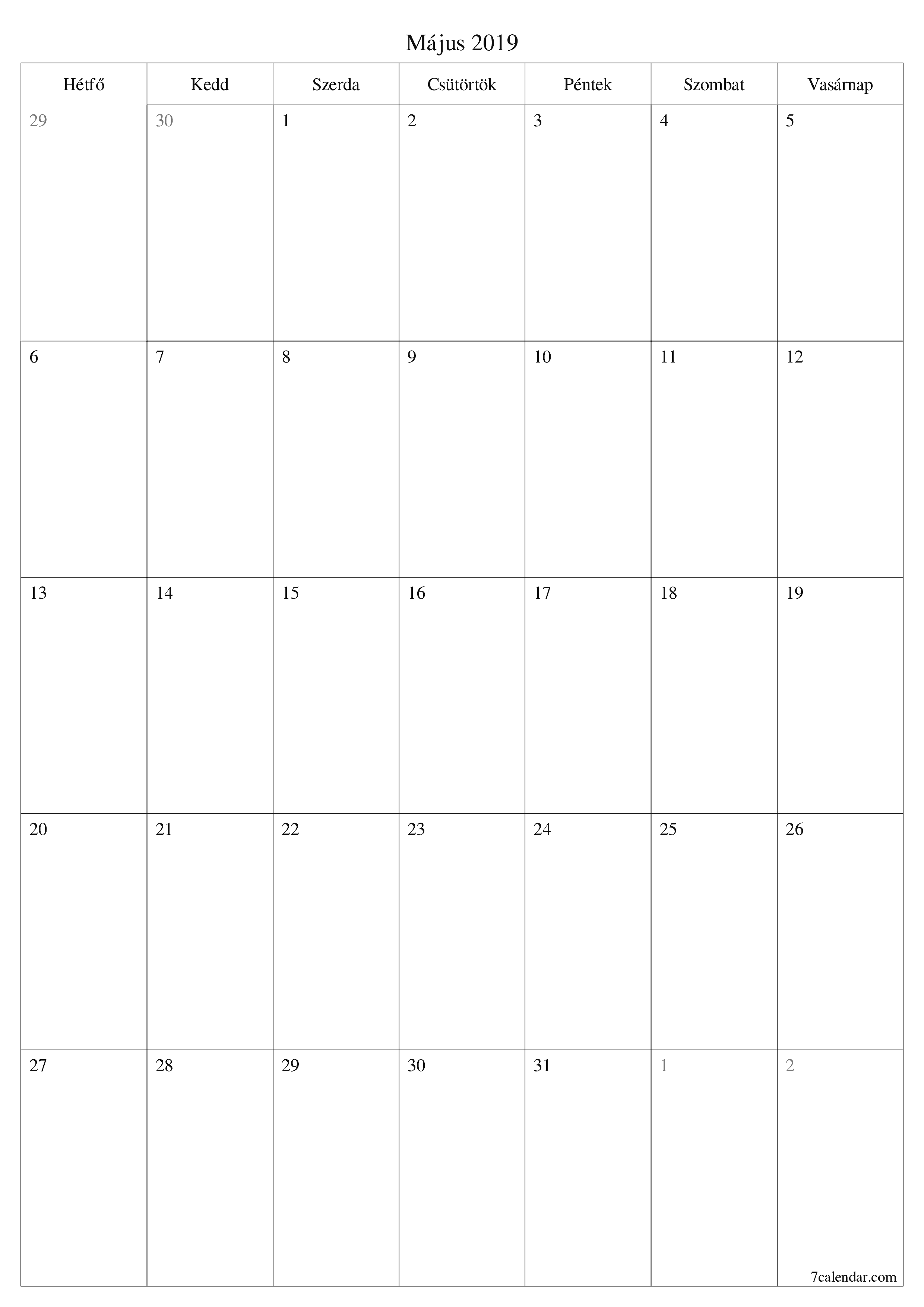 nyomtatható fali sablon ingyenes függőleges Havi tervező naptár Május (Máj) 2019