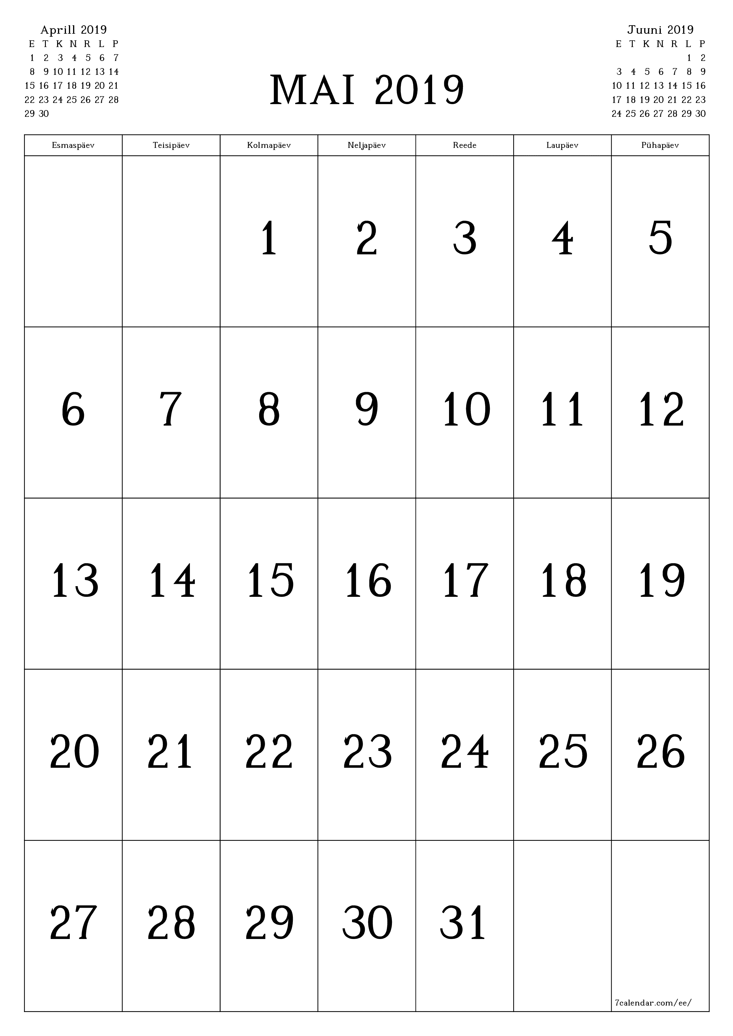 prinditav seina kalendri mall tasuta vertikaalne Igakuine kalender Mai (Mai) 2019