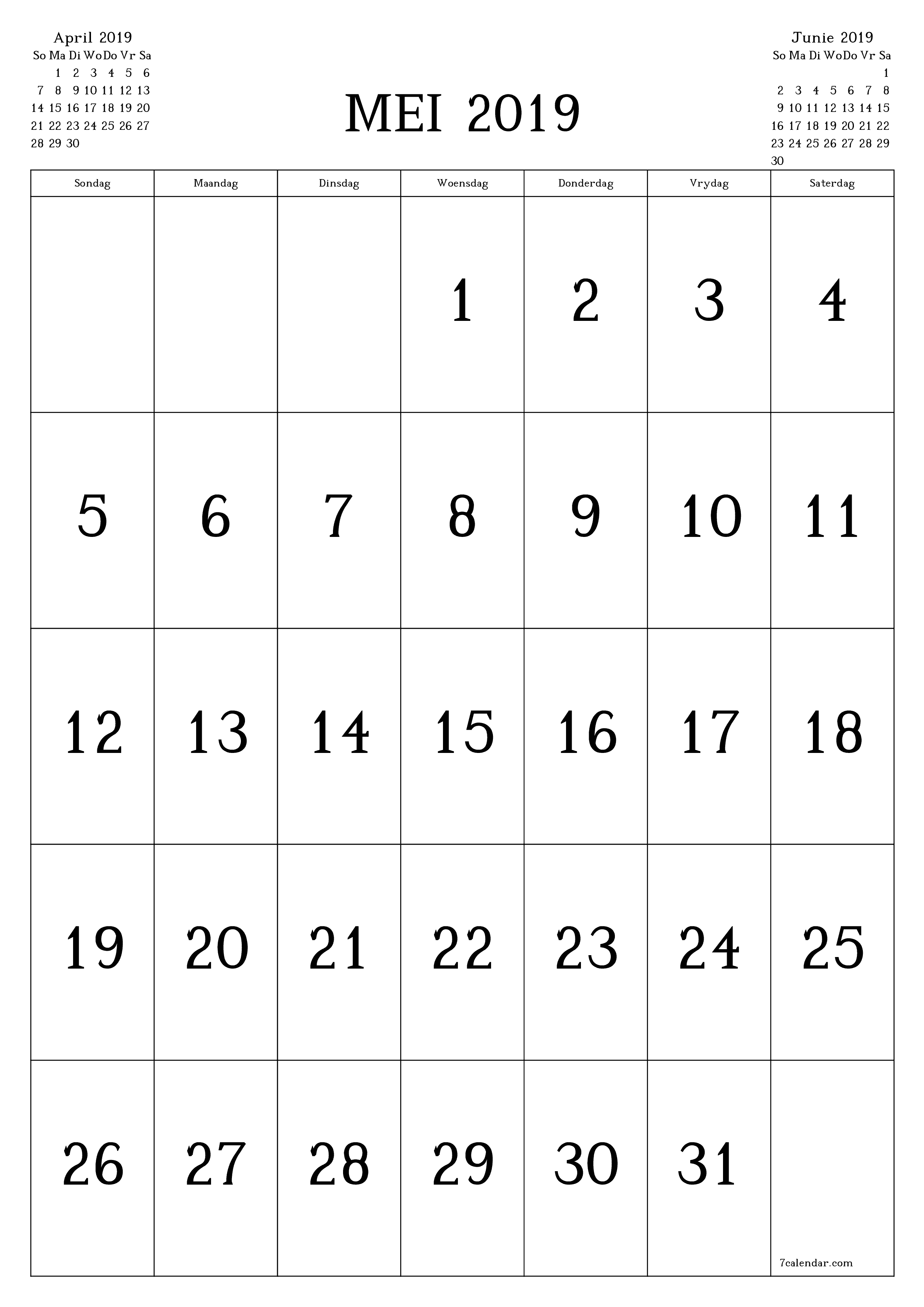drukbare muur template gratis vertikaal Maandeliks kalender Mei (Mei) 2019