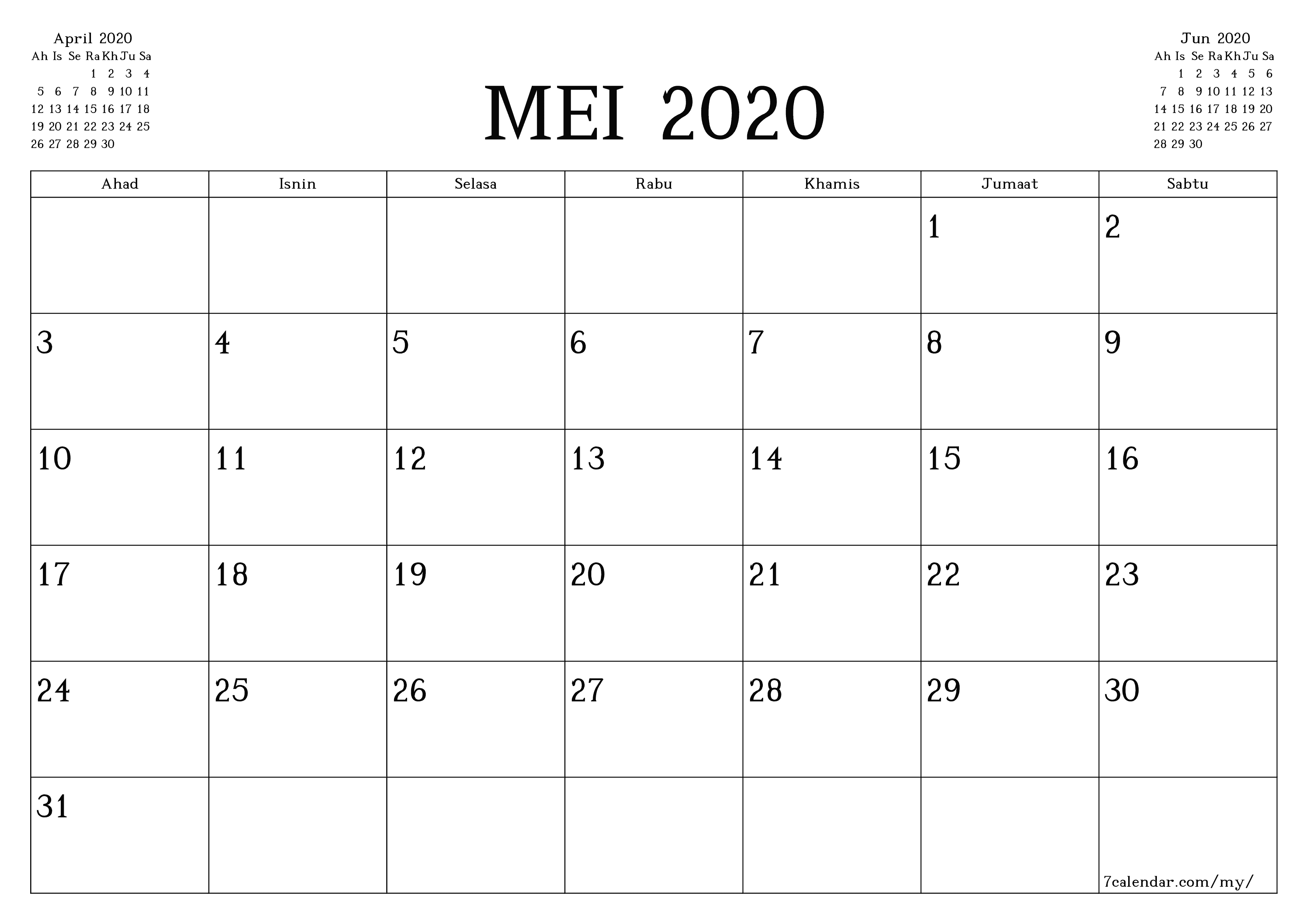 Perancang bulanan kosong untuk bulan Mei 2020 dengan nota, simpan dan cetak ke PDF PNG Malay