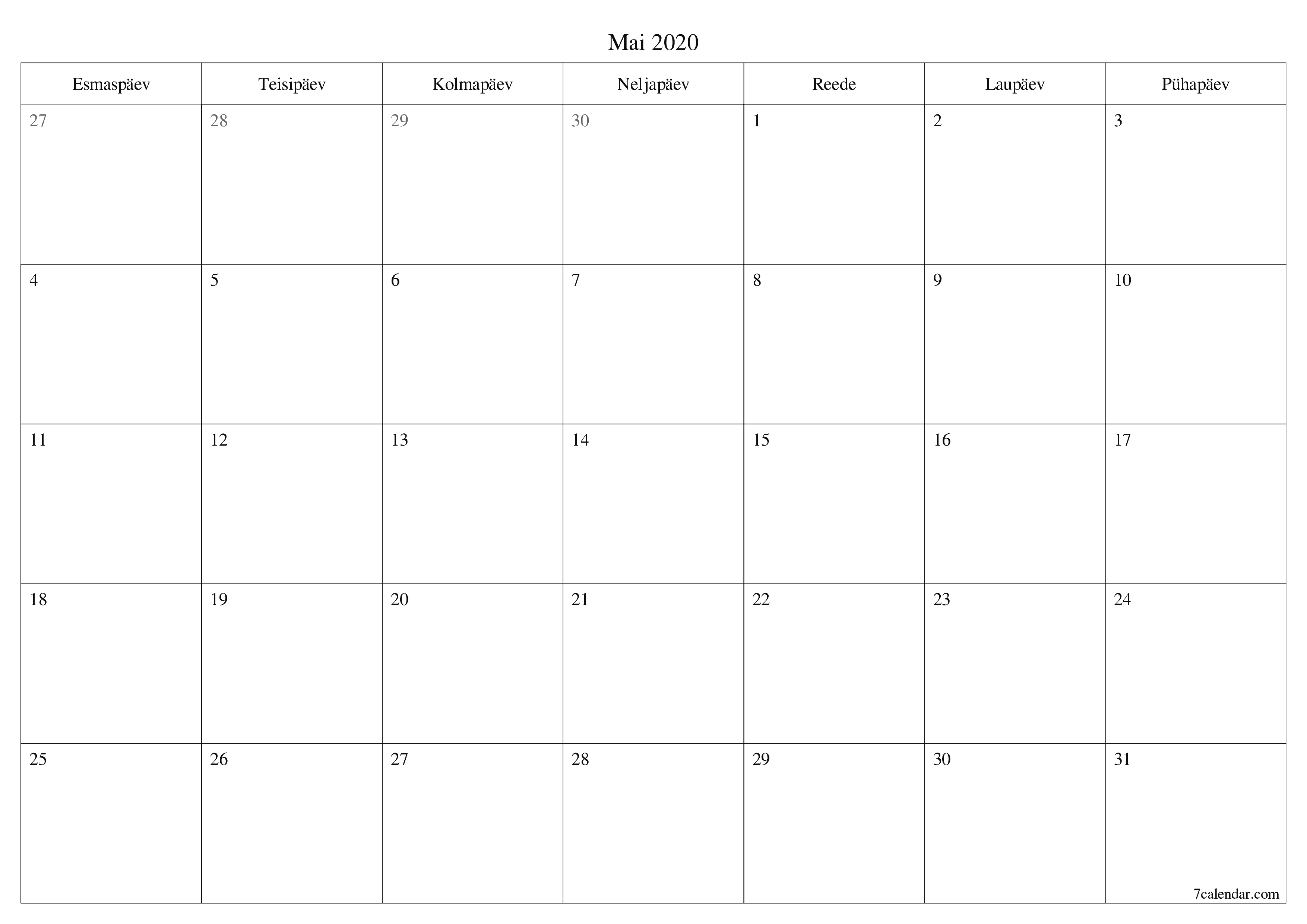 prinditav seina kalendri mall tasuta horisontaalne Igakuine planeerija kalender Mai (Mai) 2020