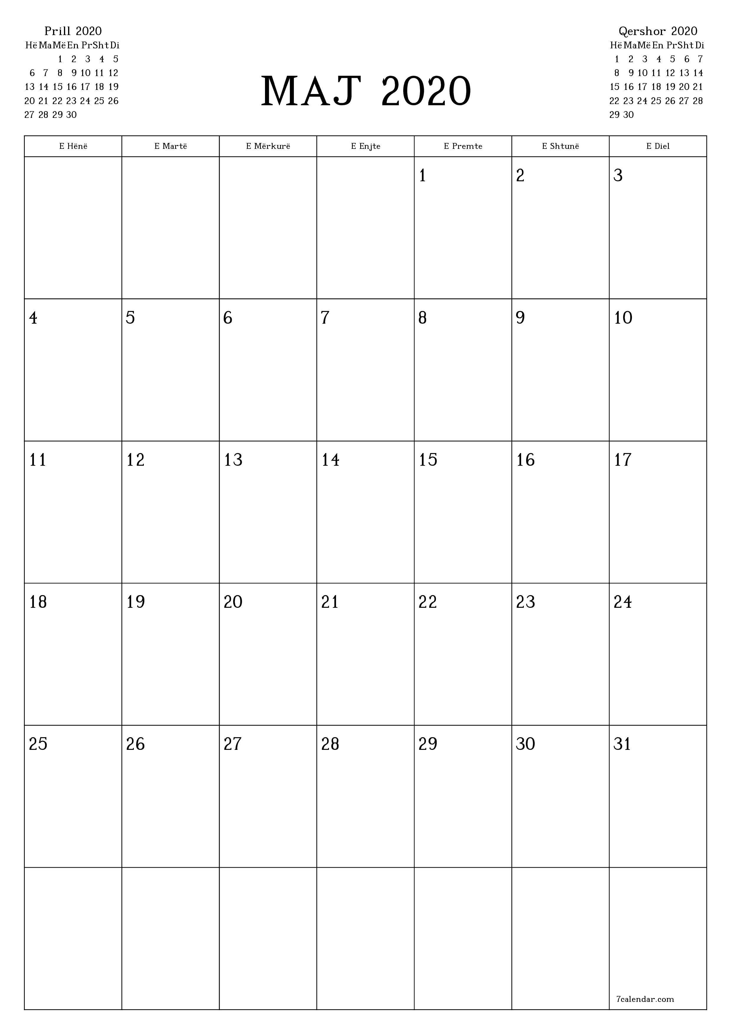 Planifikuesi i zbrazët i kalendarit mujor për muajin Maj 2020 me shënime të ruajtura dhe të printuara në PDF PNG Albanian