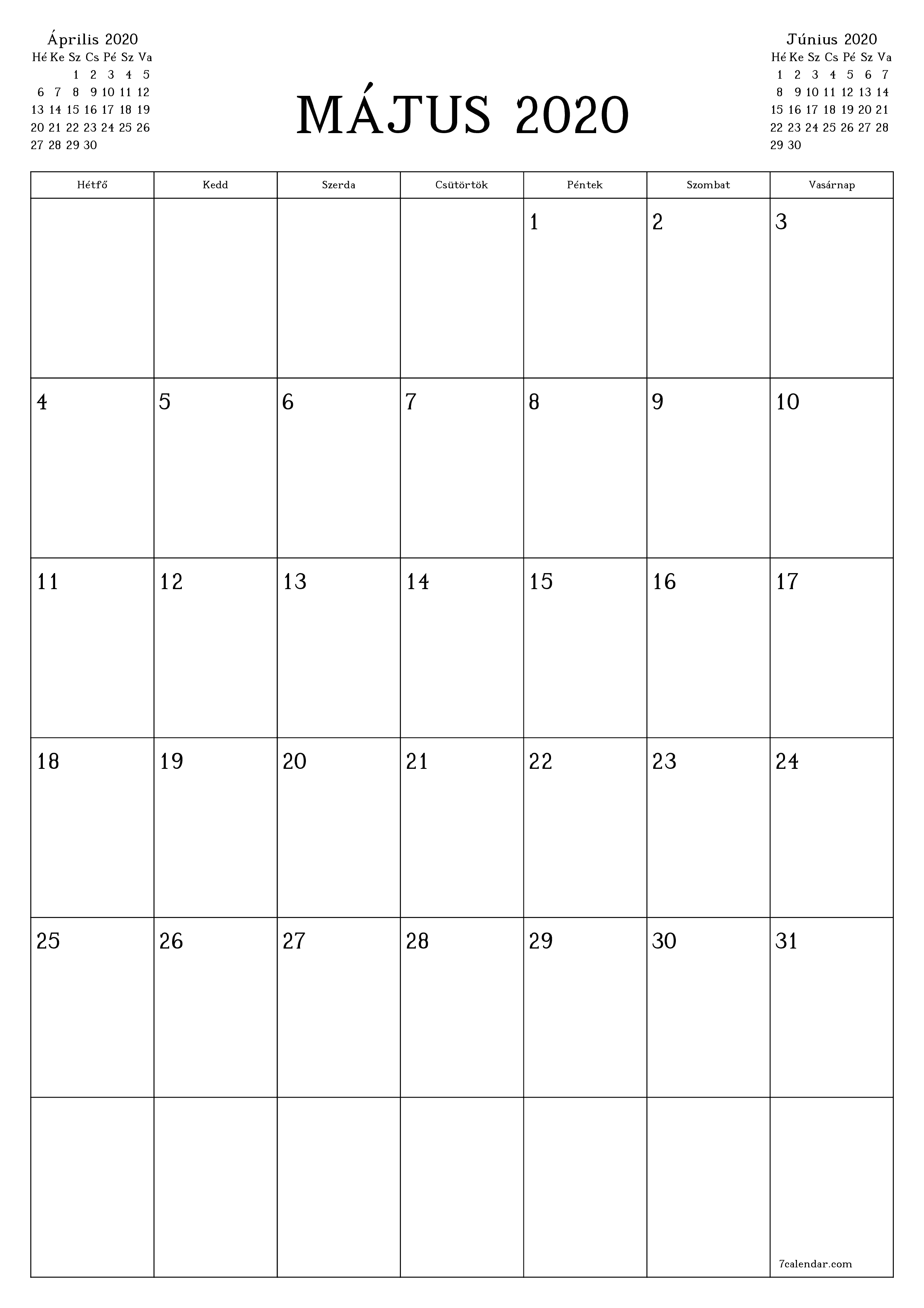 nyomtatható fali sablon ingyenes függőleges Havi tervező naptár Május (Máj) 2020