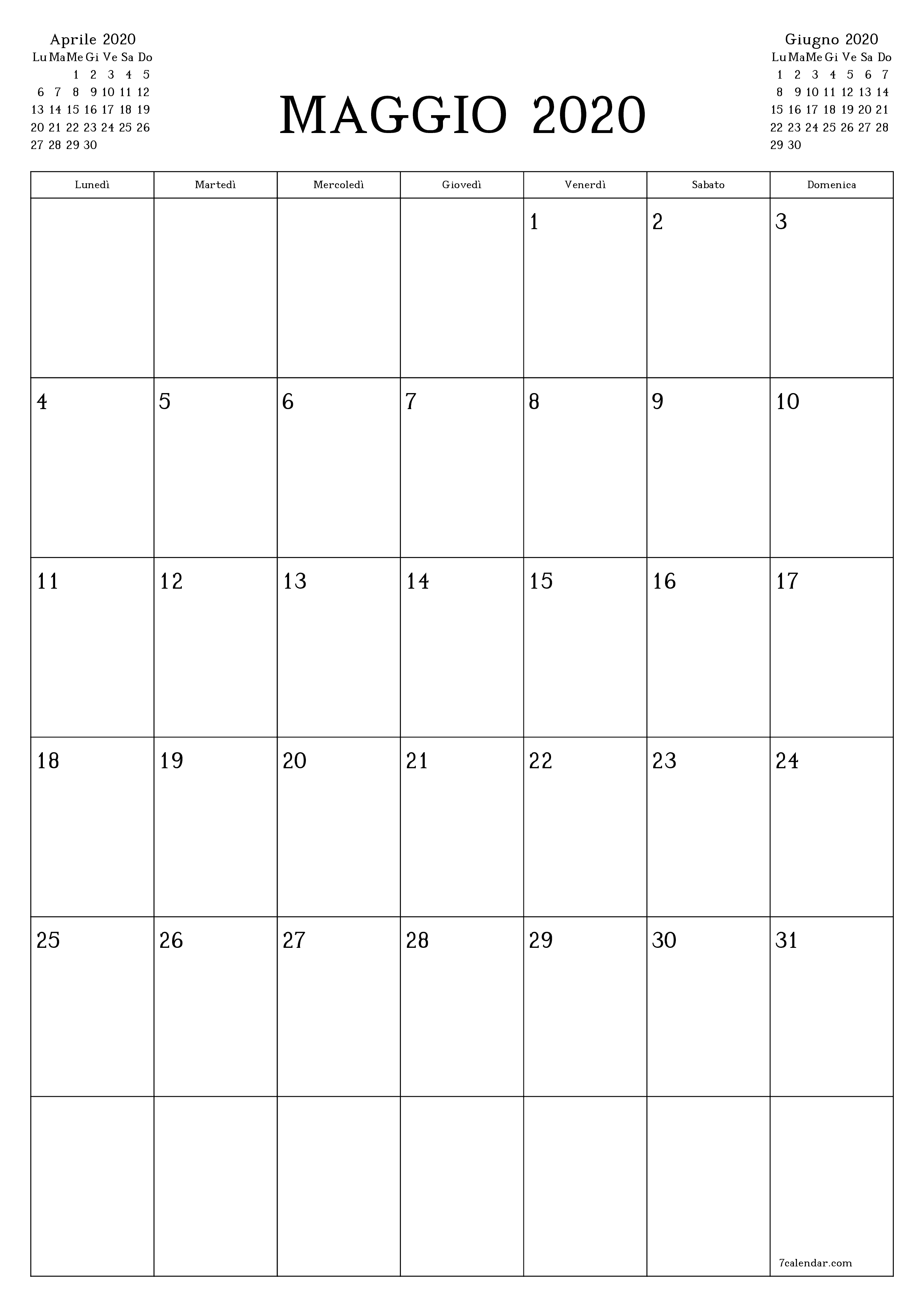 Pianificatore mensile vuoto per il mese Maggio 2020 con note, salva e stampa in PDF PNG Italian