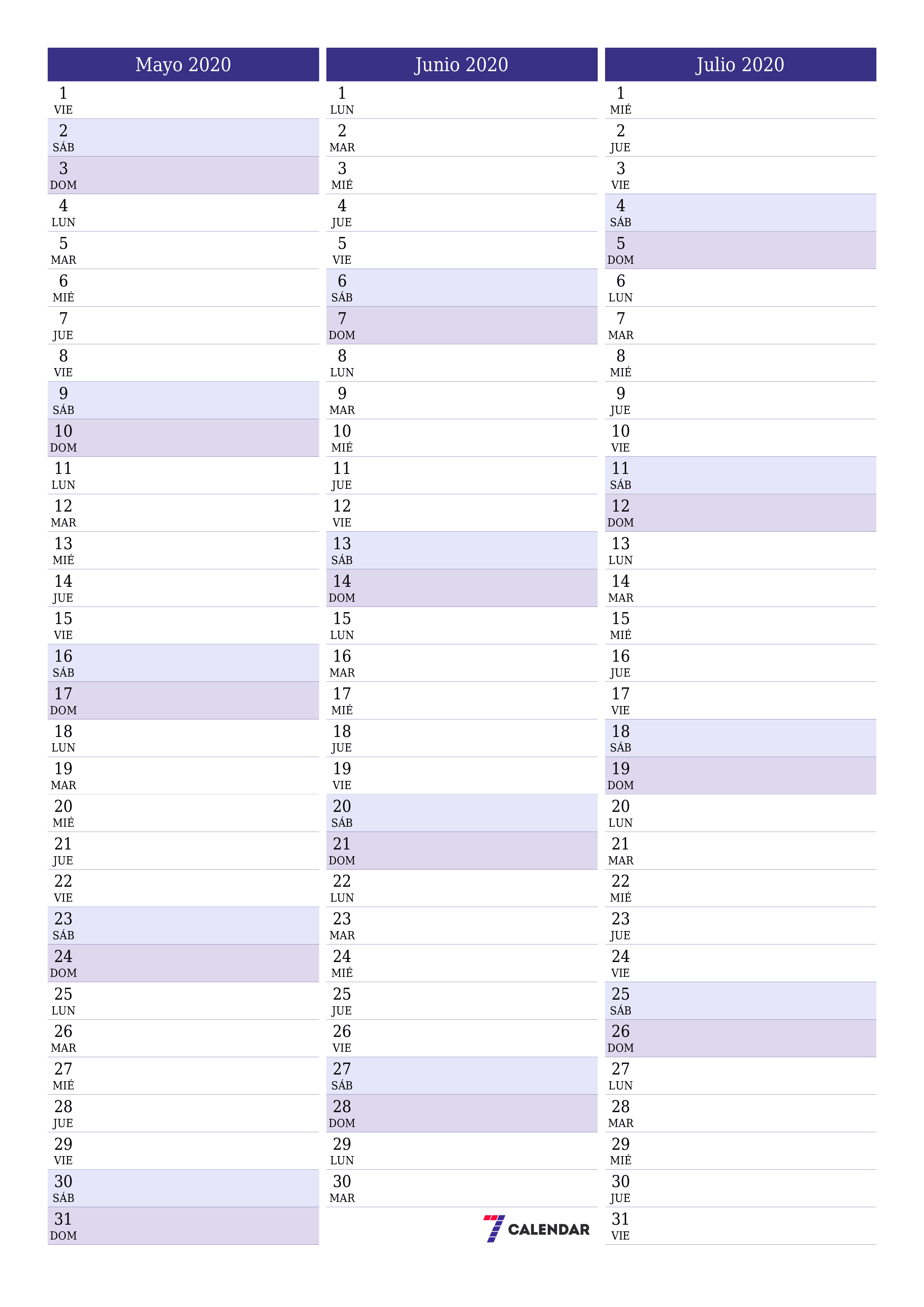 Planificador mensual vacío para el mes Mayo 2020 con notas, guardar e imprimir en PDF PNG Spanish