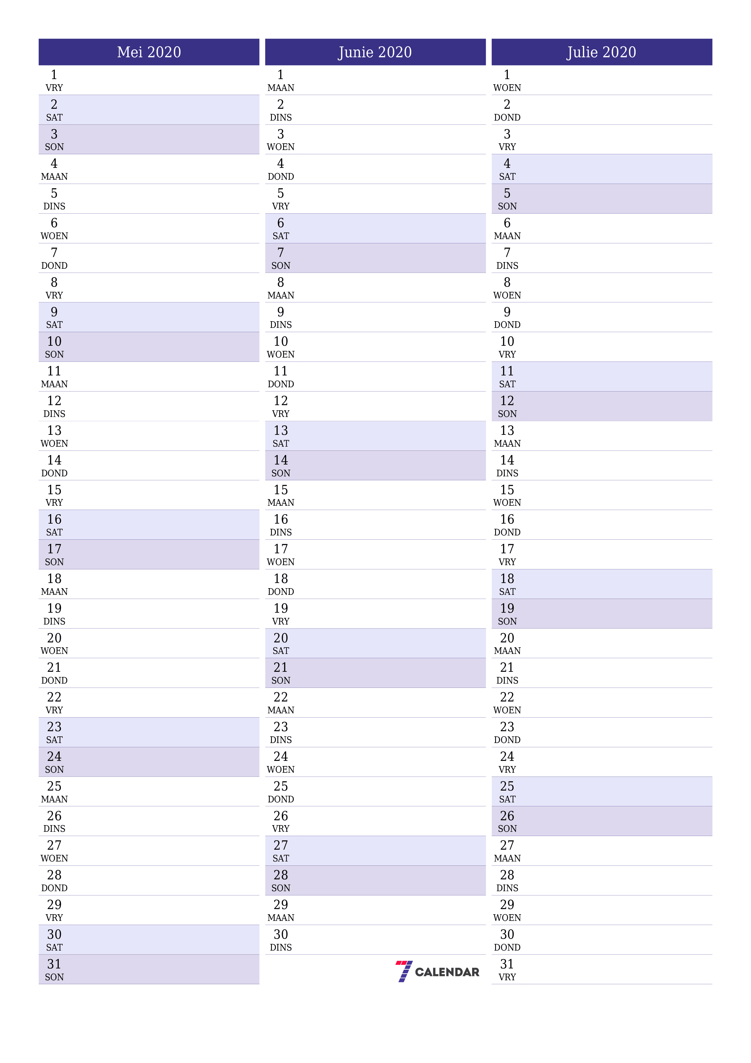 Leë maandelikse drukbare kalender en beplanner vir maand Mei 2020 met notas stoor en druk na PDF PNG Afrikaans