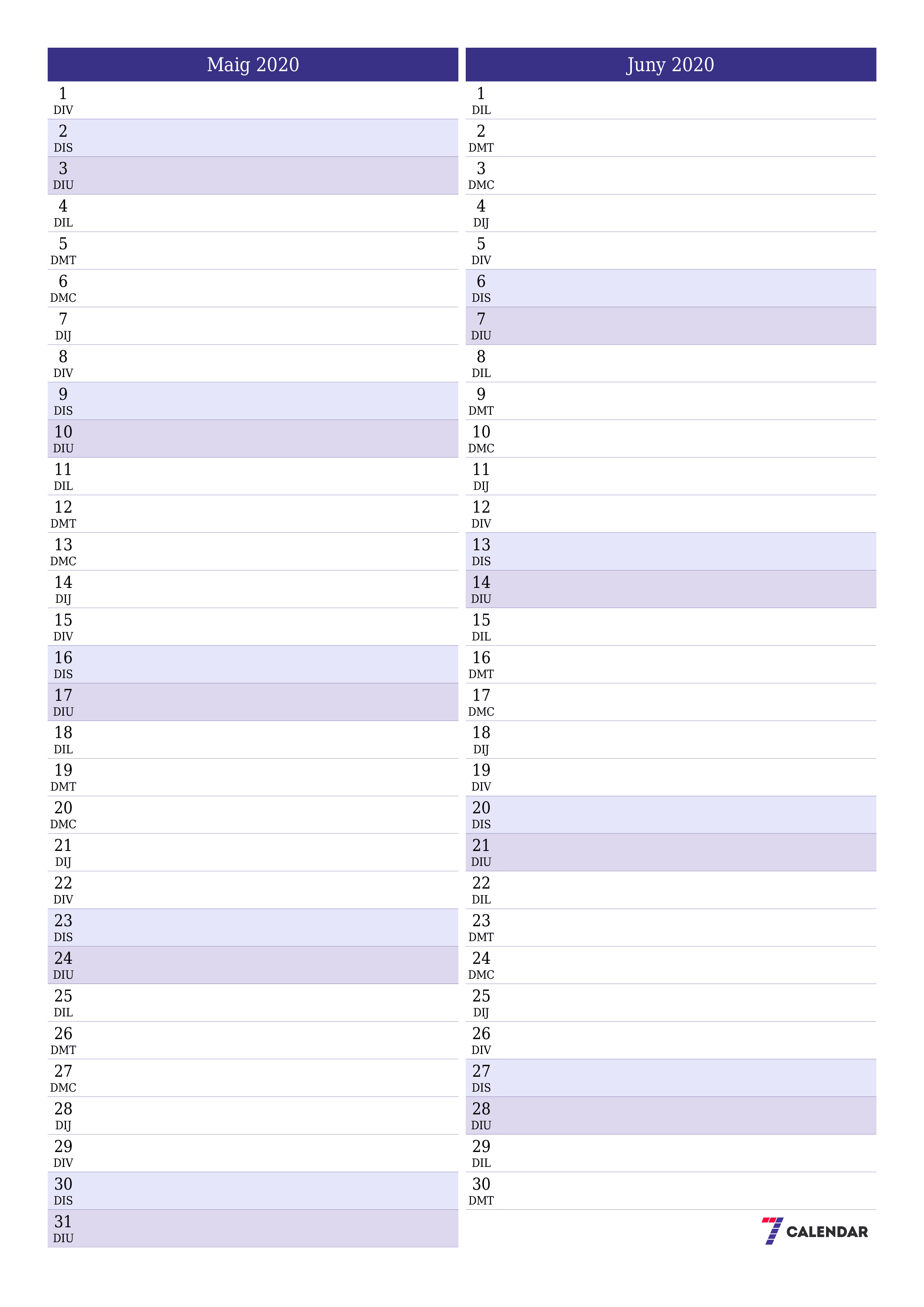  imprimible de paret plantilla de gratuïtvertical Mensual planificador calendari Maig (Mai) 2020