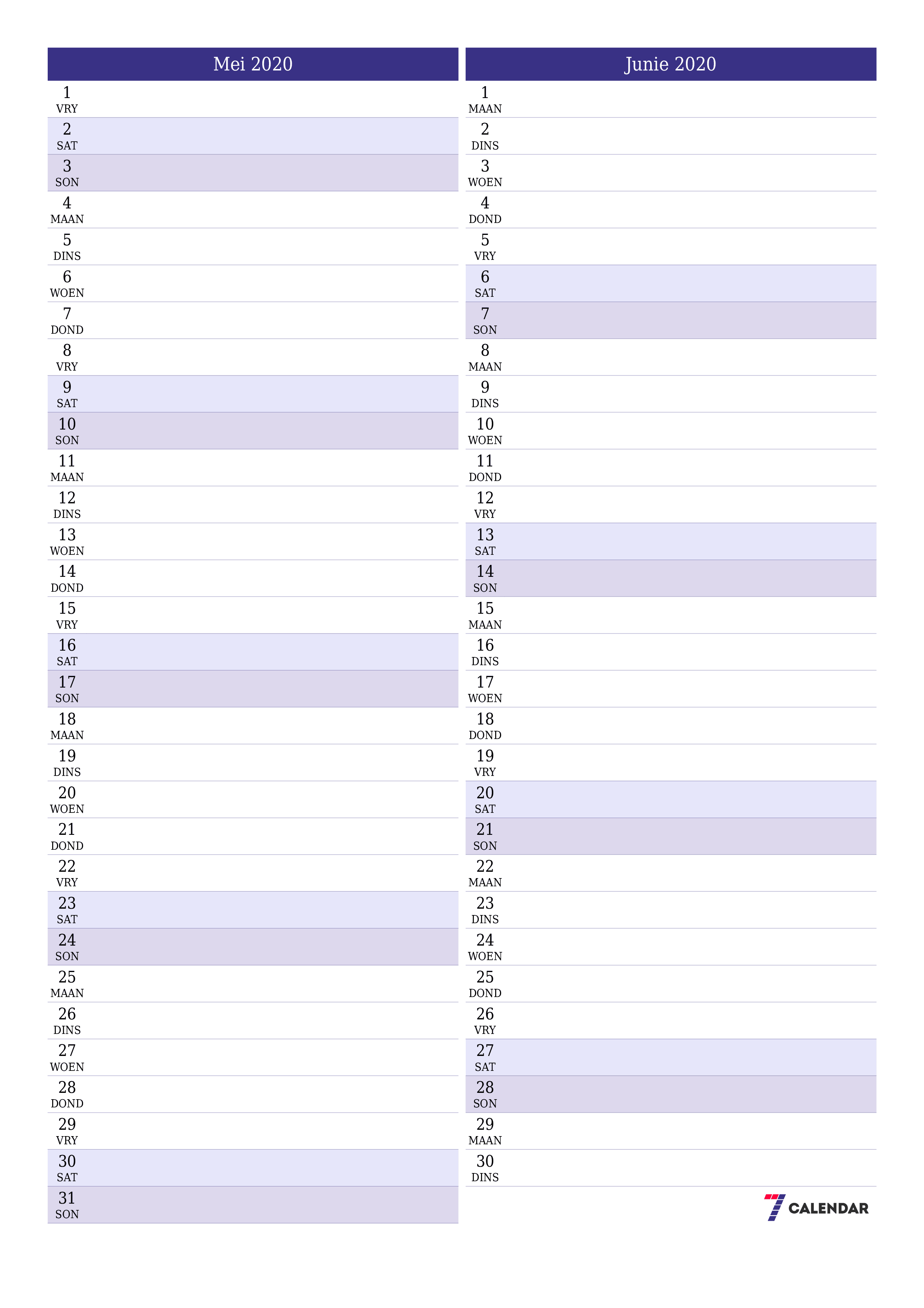 Leë maandelikse drukbare kalender en beplanner vir maand Mei 2020 met notas stoor en druk na PDF PNG Afrikaans