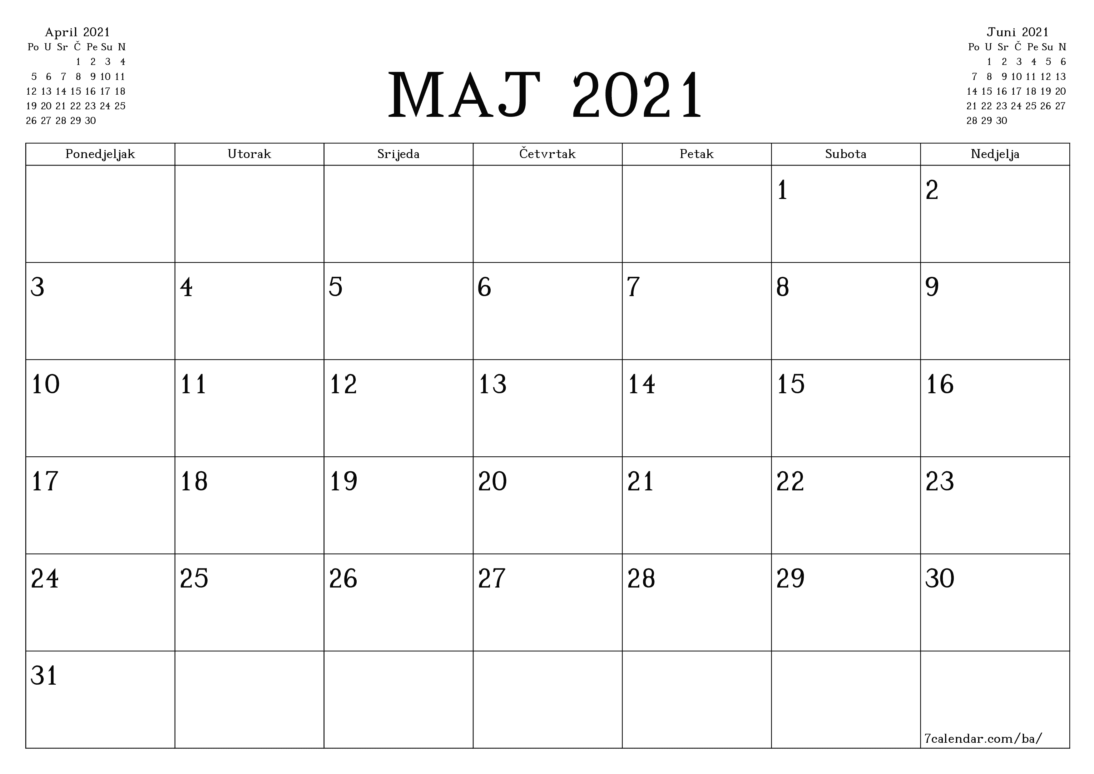 Ispraznite mjesečni planer za mjesec Maj 2021 s bilješkama, spremite i ispišite u PDF PNG Bosnian