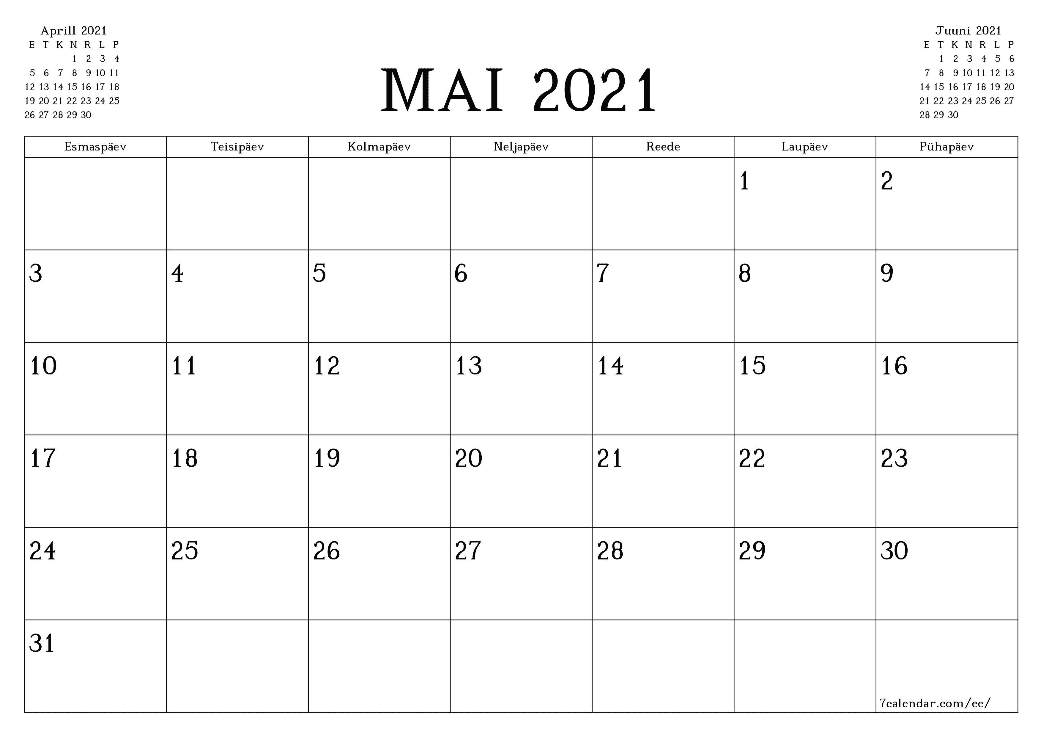 Tühjendage kuu Mai 2021 kuuplaneerija märkmetega, salvestage ja printige PDF-i PNG Estonian