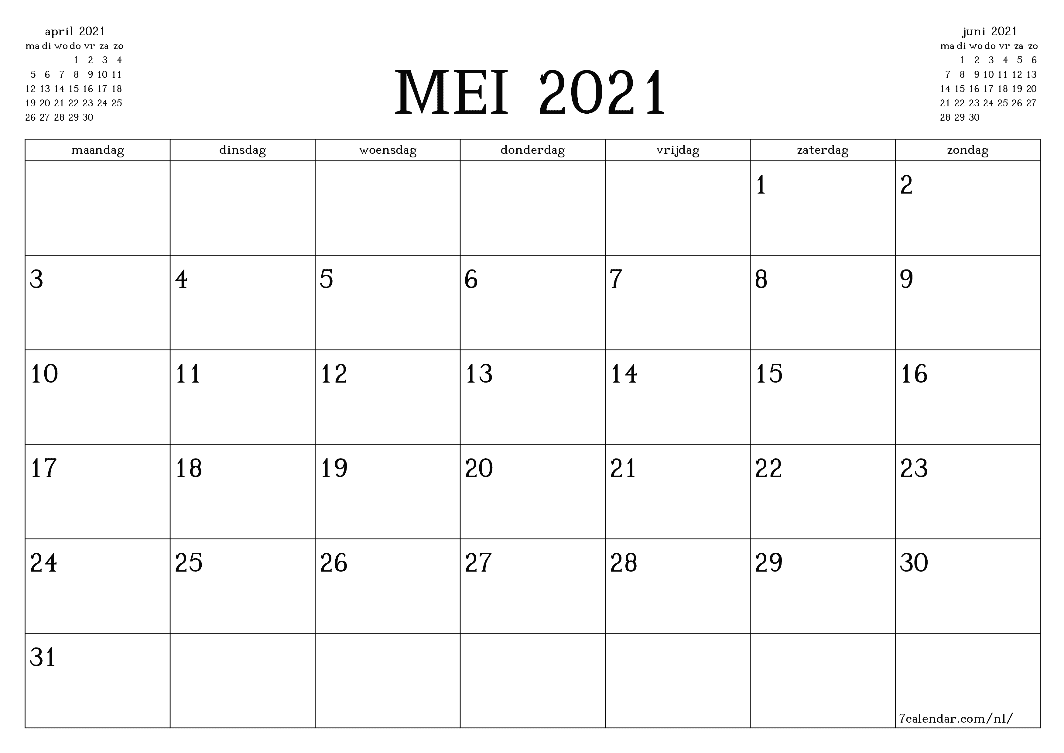 Lege maandplanner voor maand mei 2021 met notities, opslaan en afdrukken naar pdf PNG Dutch