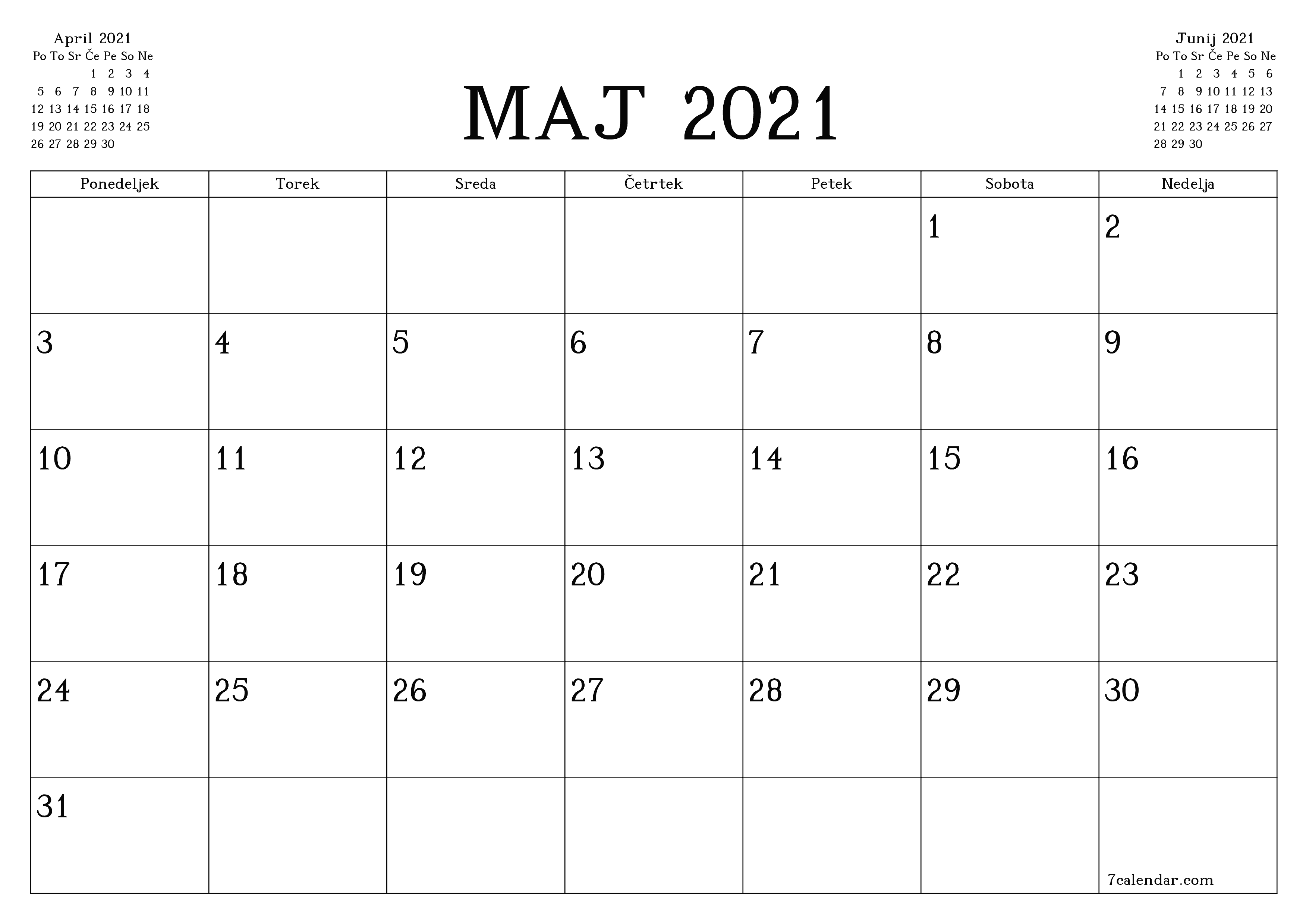 Prazen mesečni načrtovalec koledarja za mesec Maj 2021 z opombami, natisnjenimi v PDF PNG Slovenian