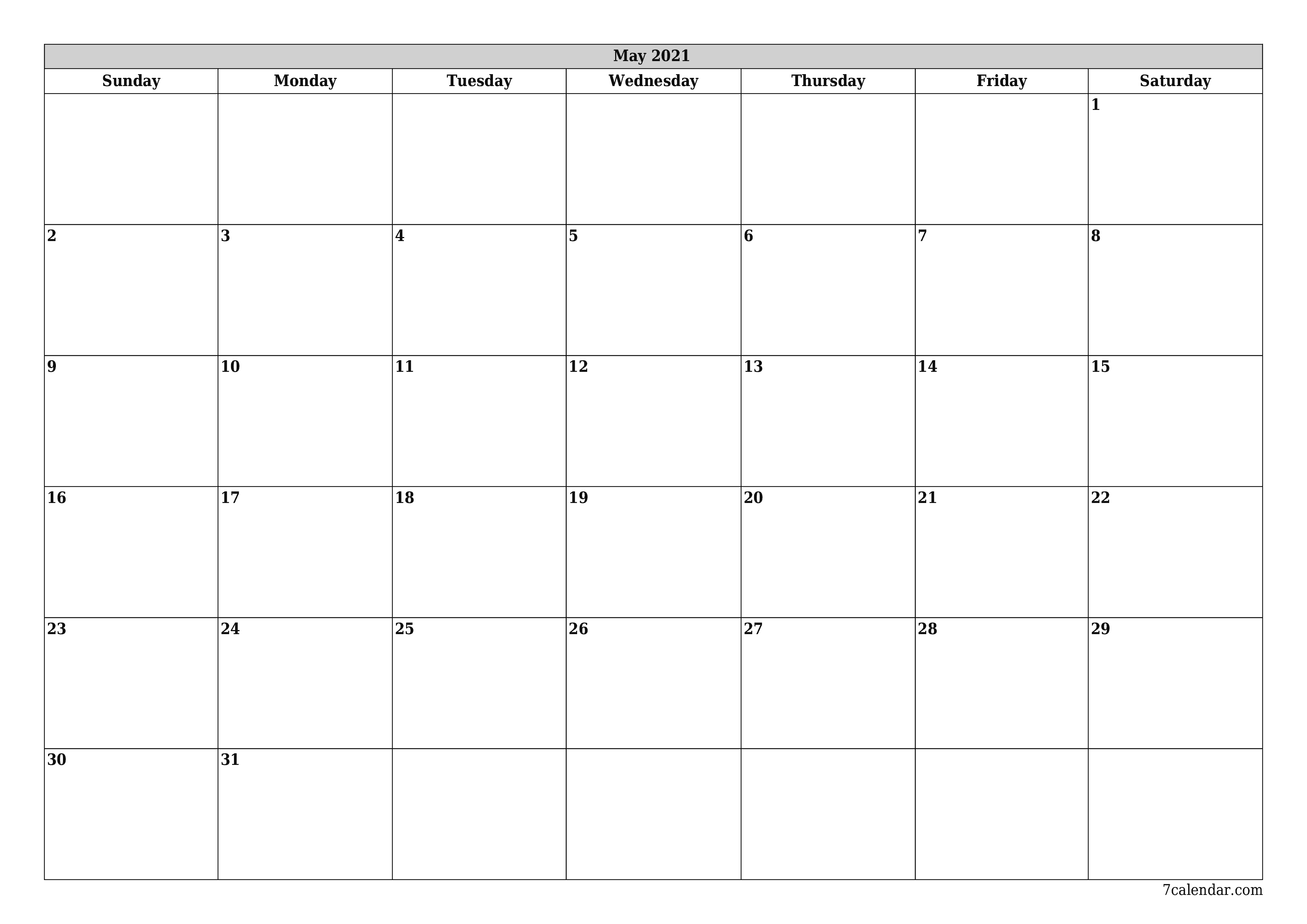 Blank monthly printable calendar and planner for month May 2021 with notes save and print to PDF PNG English
