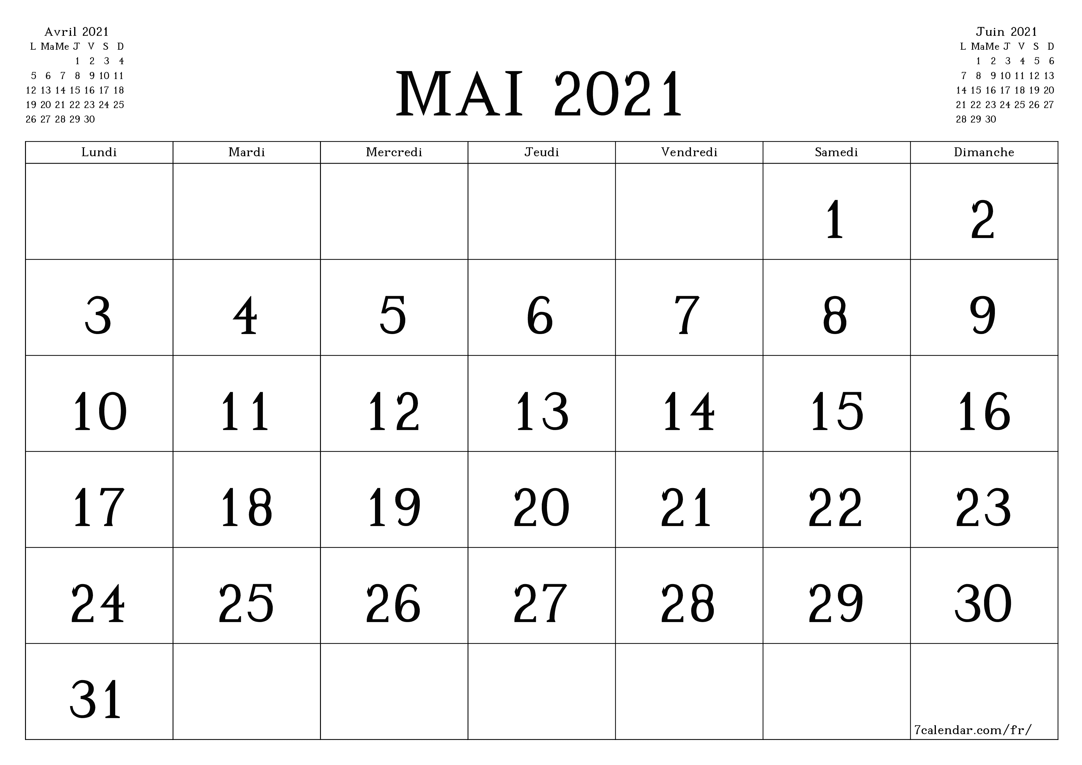 Agenda mensuel vide pour le mois Mai 2021 avec notes, enregistrez et imprimez au format PDF PNG French