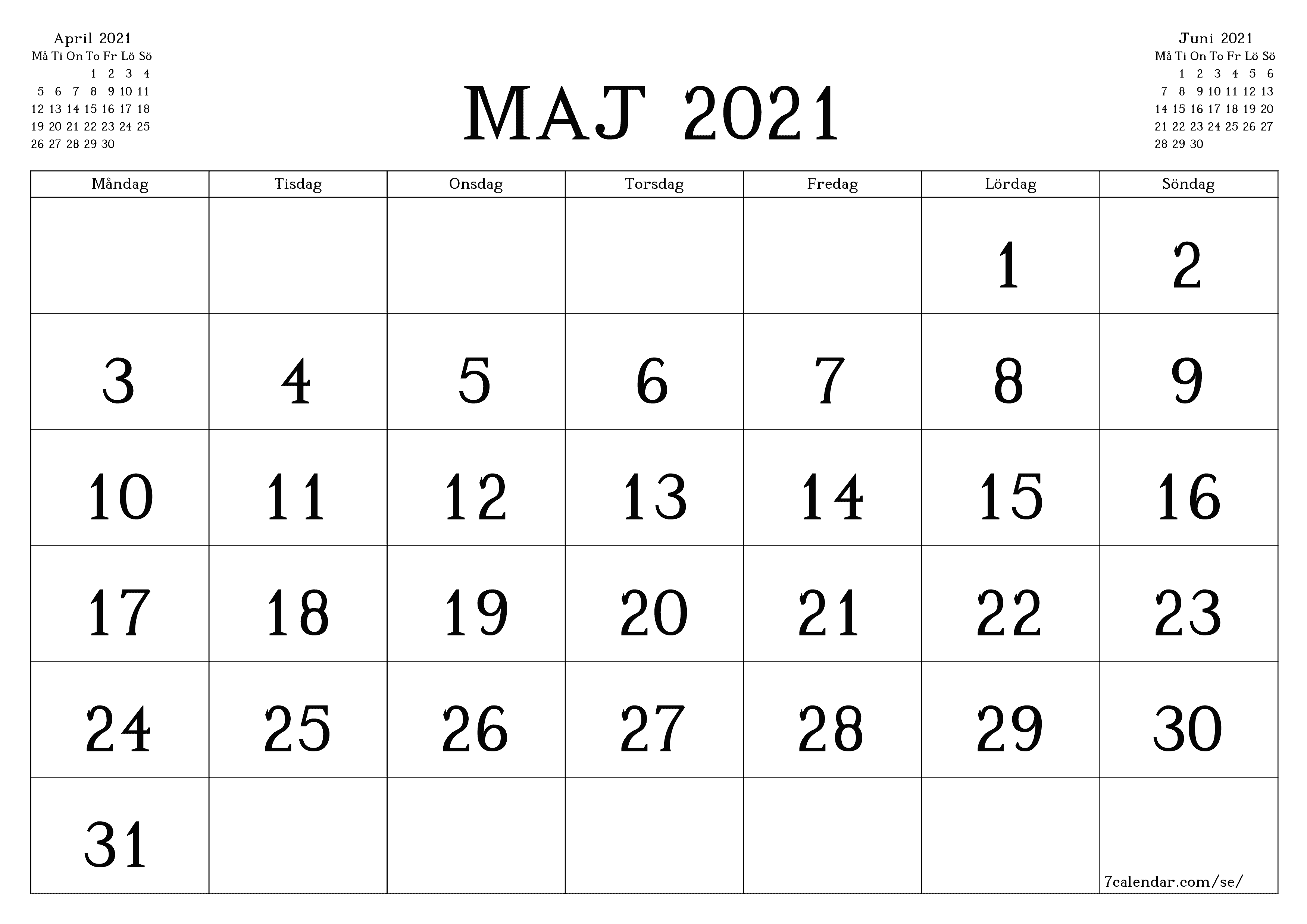 Tom månadsplanerare för månad Maj 2021 med anteckningar, spara och skriv ut till PDF PNG Swedish