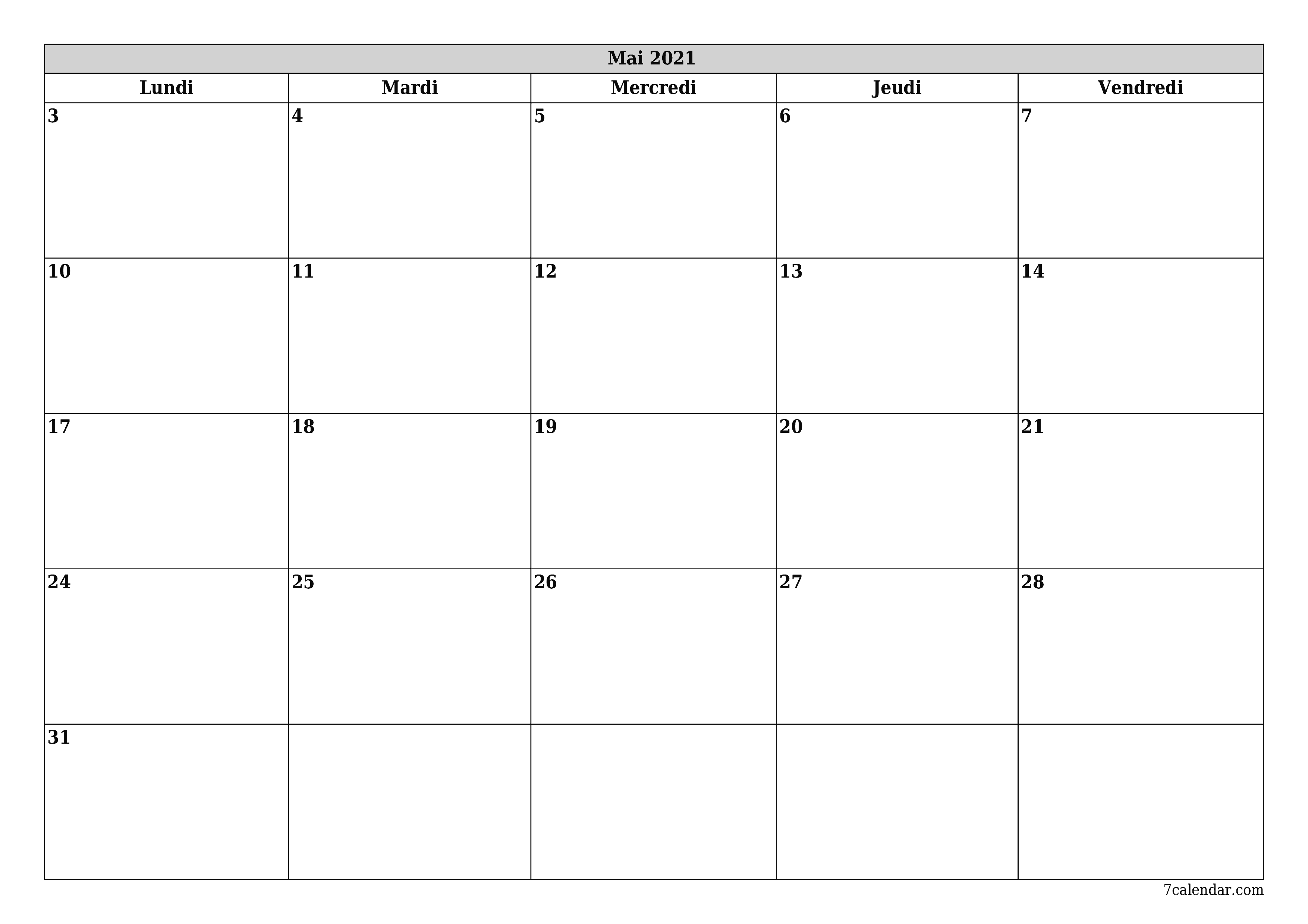 Agenda mensuel vide pour le mois Mai 2021 avec notes, enregistrez et imprimez au format PDF PNG French