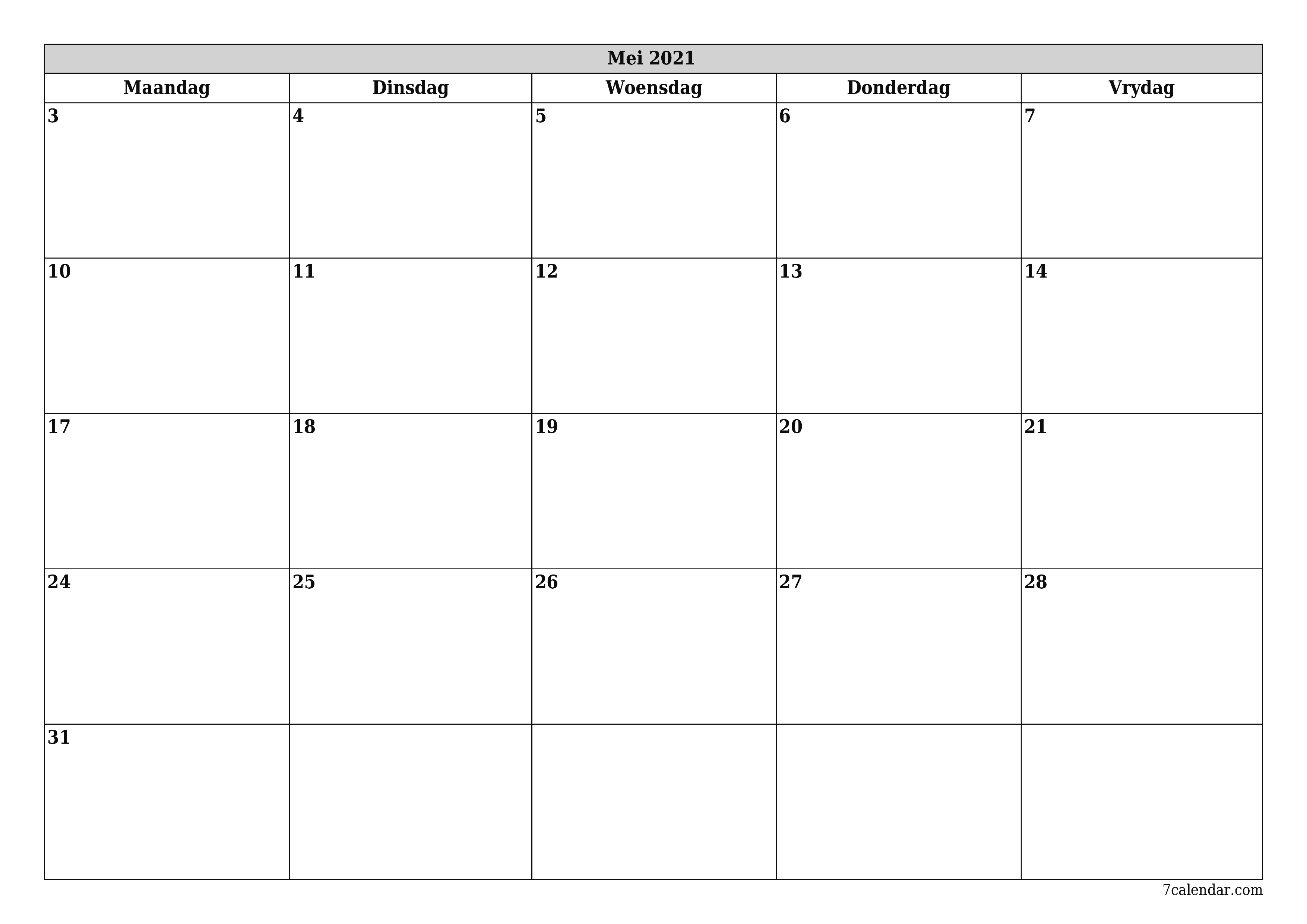 Leë maandelikse drukbare kalender en beplanner vir maand Mei 2021 met notas stoor en druk na PDF PNG Afrikaans