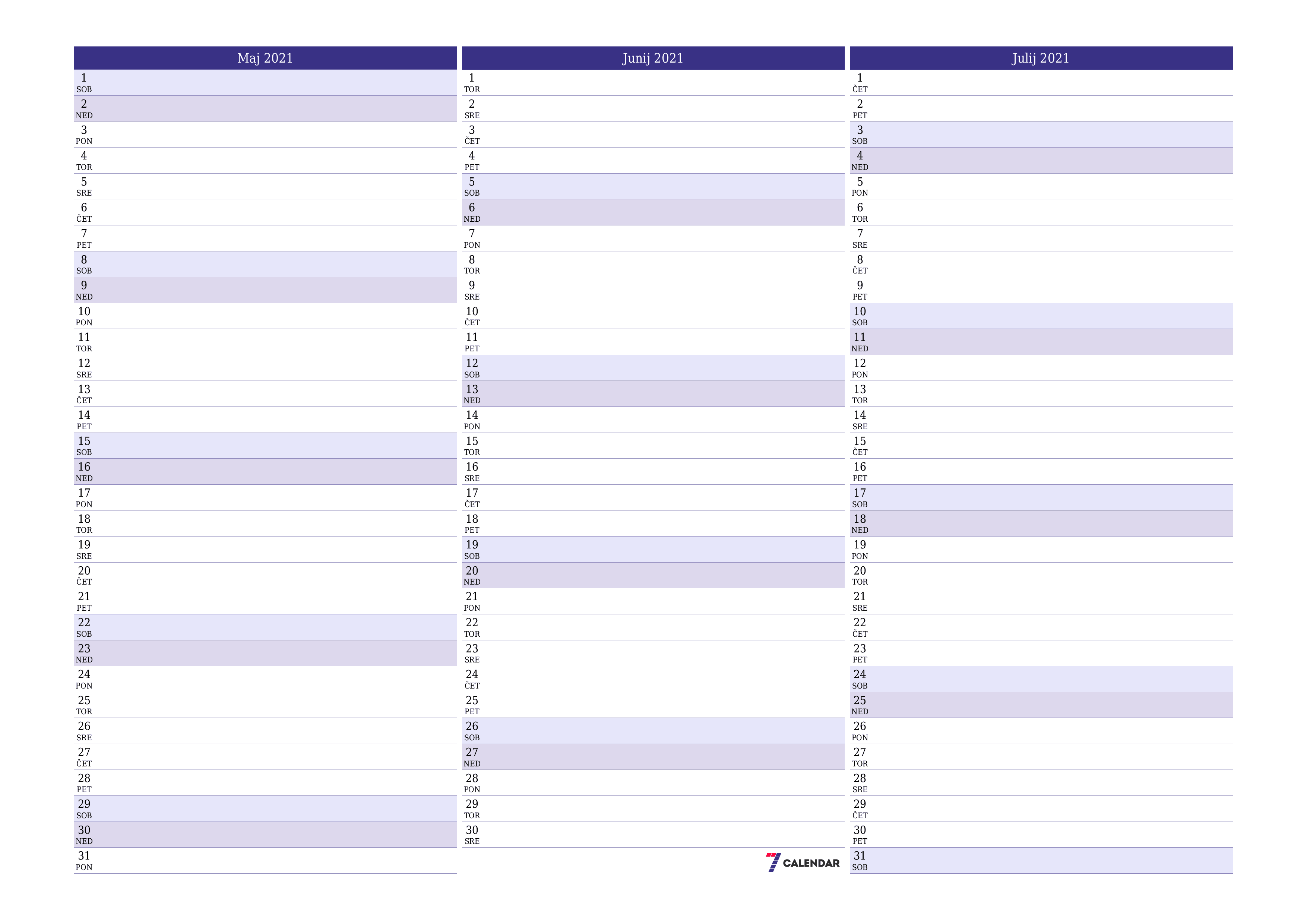 Prazen mesečni načrtovalec koledarja za mesec Maj 2021 z opombami, natisnjenimi v PDF PNG Slovenian
