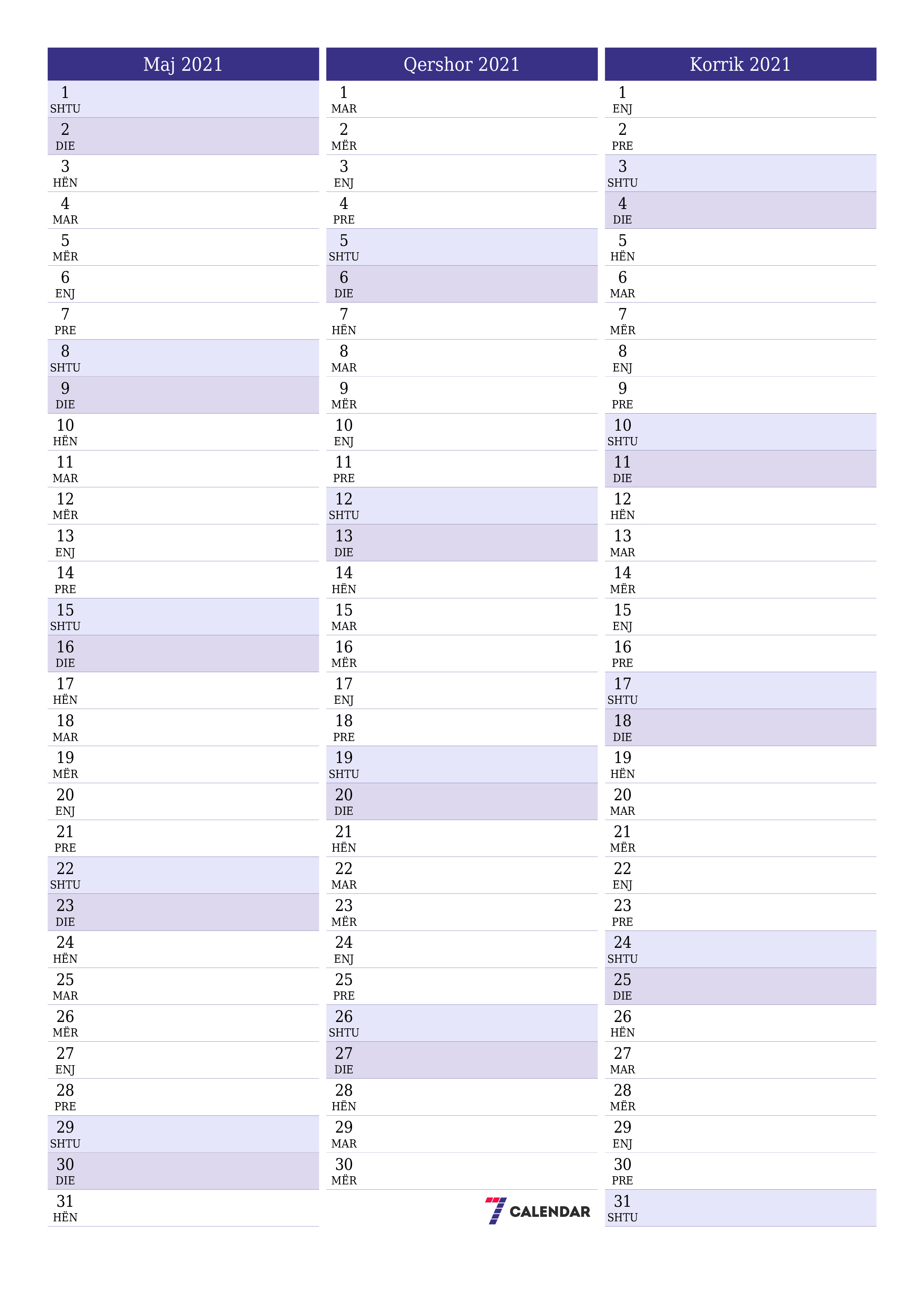 Planifikuesi i zbrazët i kalendarit mujor për muajin Maj 2021 me shënime të ruajtura dhe të printuara në PDF PNG Albanian