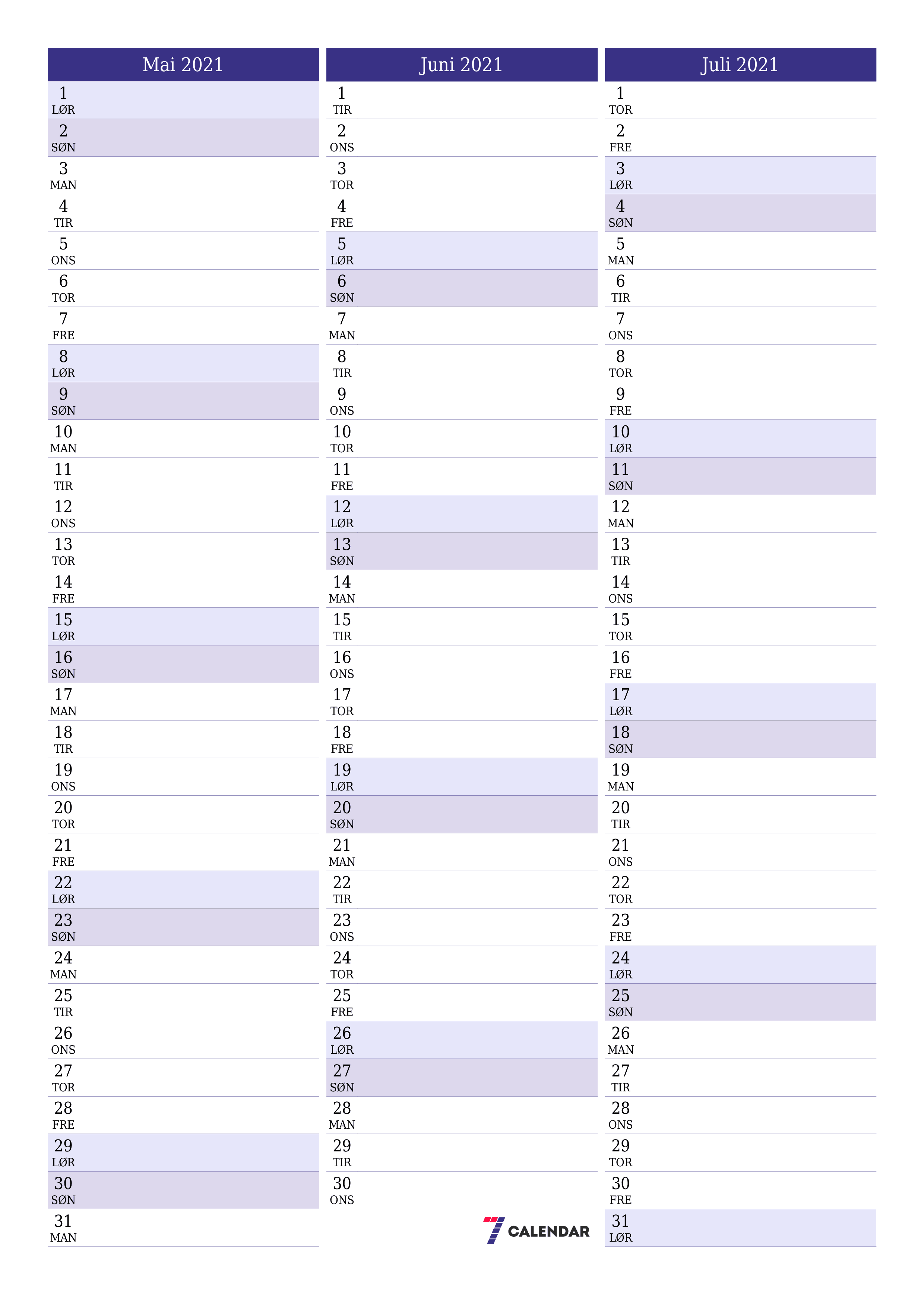 Tom månedlig planlegger for måned Mai 2021 med notater, lagre og skriv ut til PDF PNG Norwegian