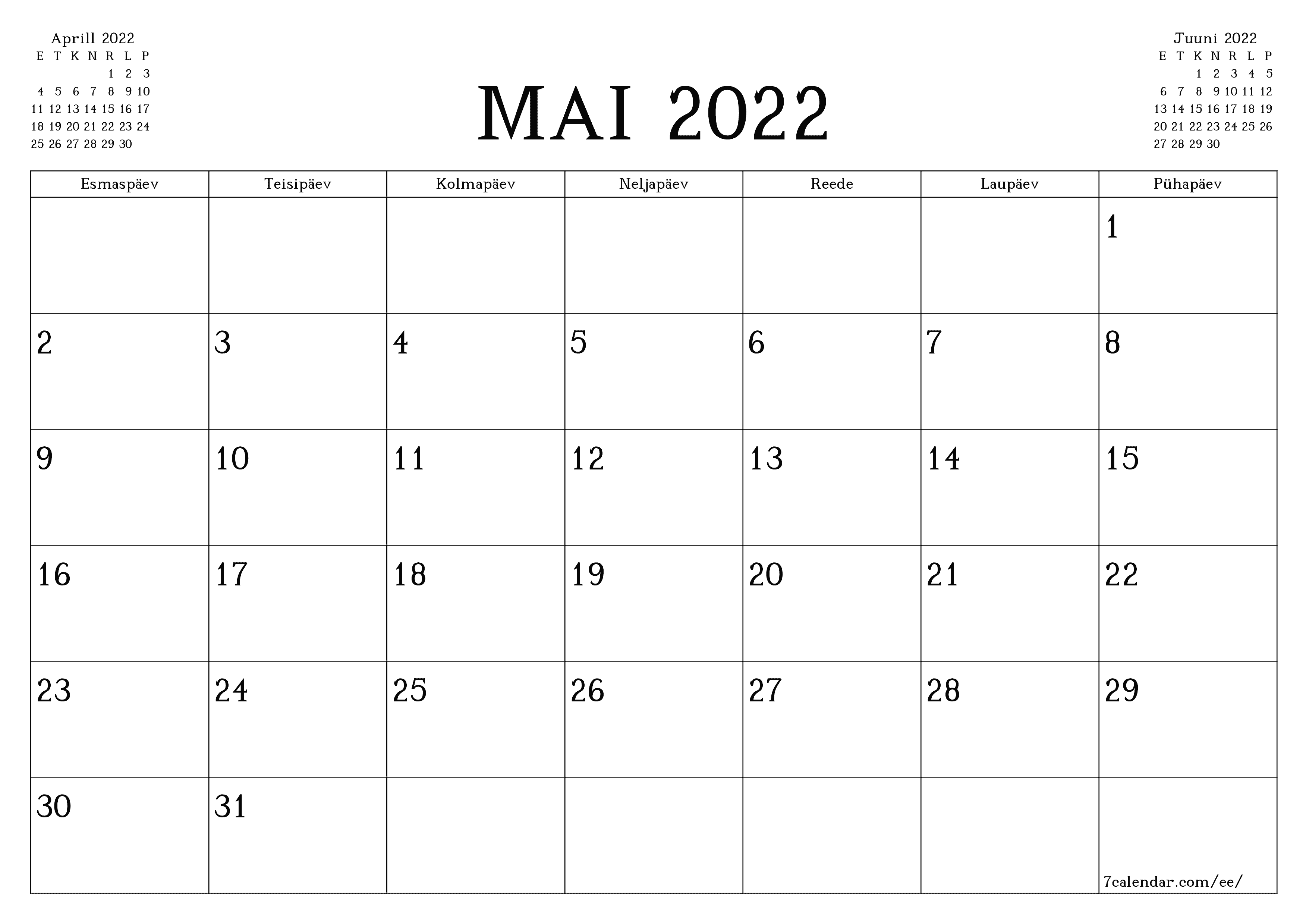 Tühjendage kuu Mai 2022 kuuplaneerija märkmetega, salvestage ja printige PDF-i PNG Estonian - 7calendar.com