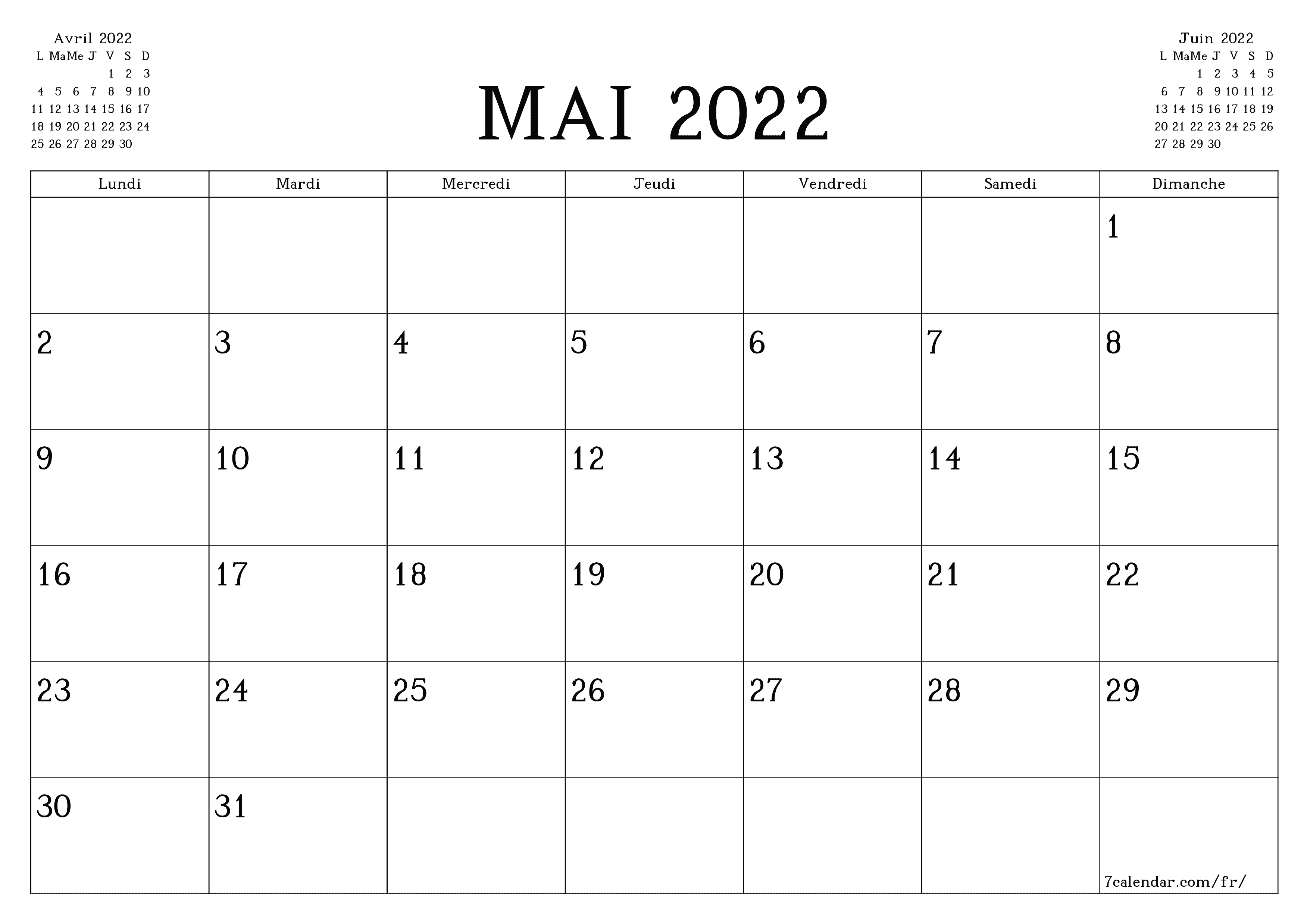Agenda mensuel vide pour le mois Mai 2022 avec notes, enregistrez et imprimez au format PDF PNG French - 7calendar.com