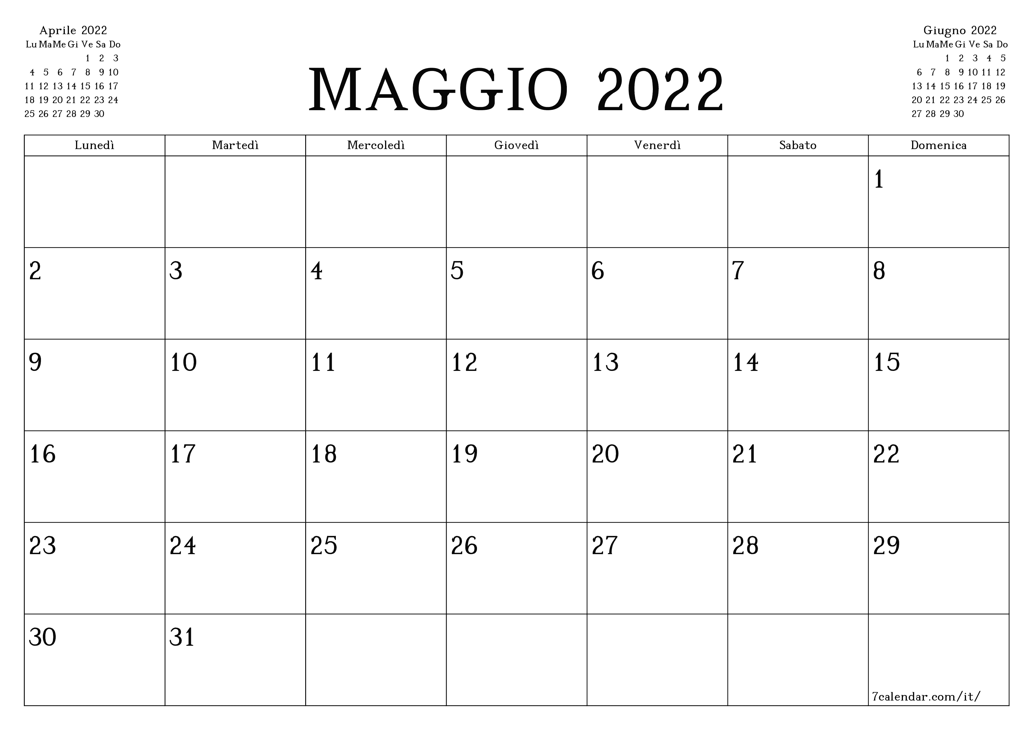 Pianificatore mensile vuoto per il mese Maggio 2022 con note, salva e stampa in PDF PNG Italian