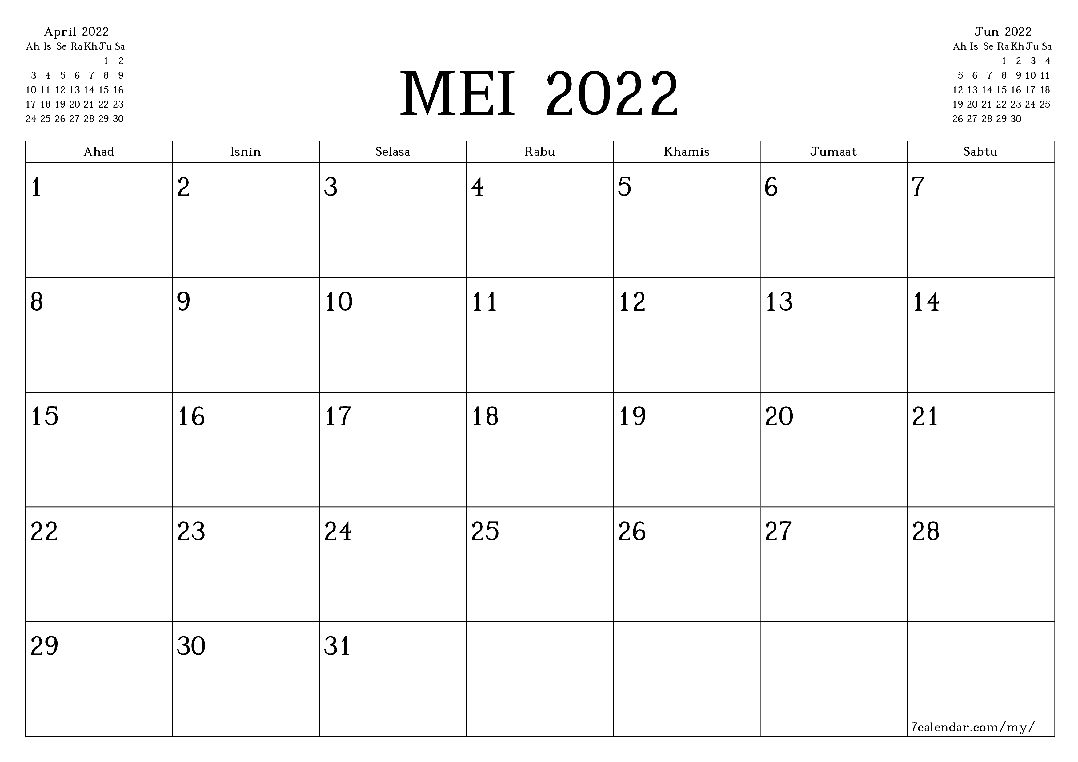 Perancang bulanan kosong untuk bulan Mei 2022 dengan nota, simpan dan cetak ke PDF PNG Malay - 7calendar.com