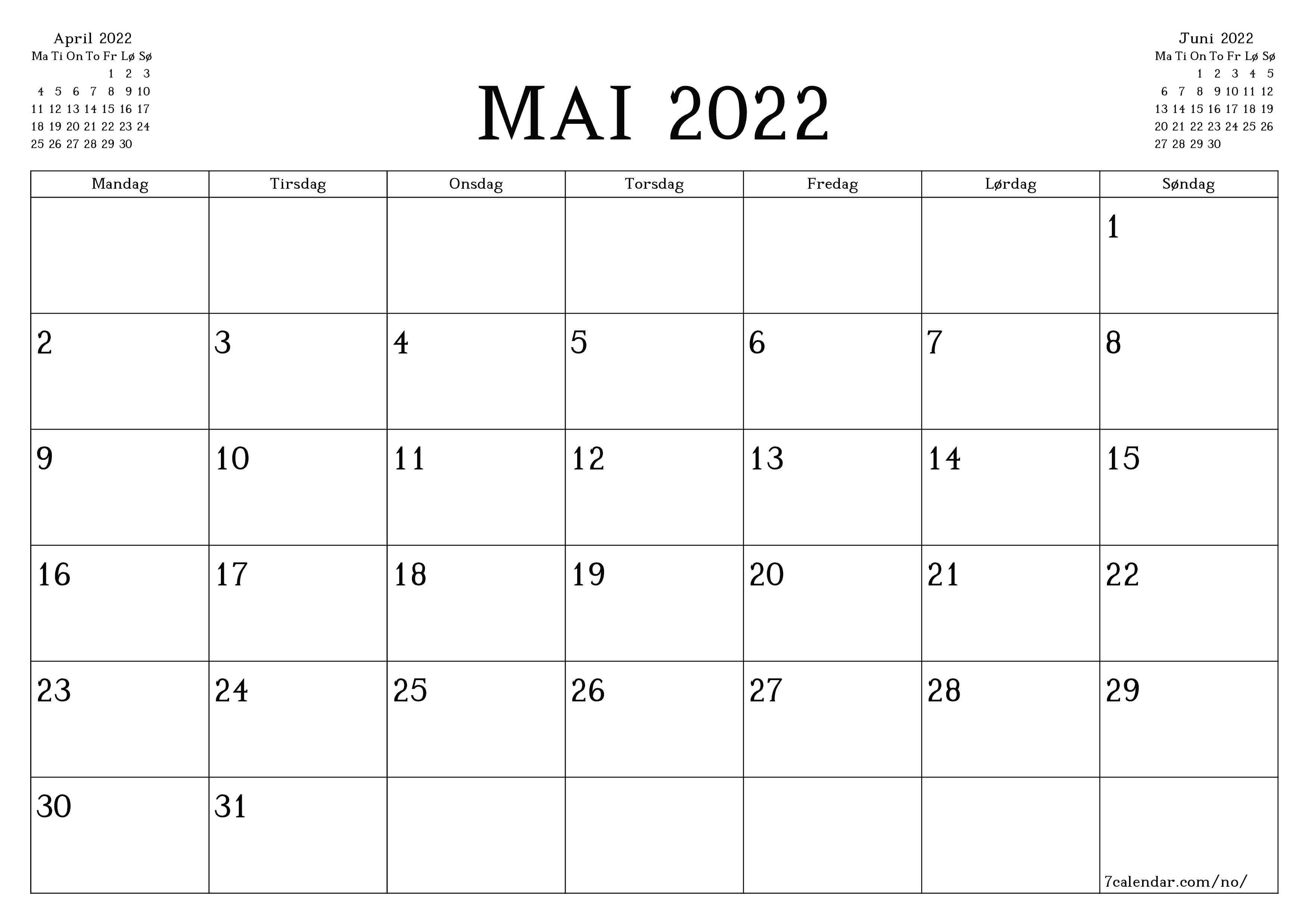 Tom månedlig planlegger for måned Mai 2022 med notater, lagre og skriv ut til PDF PNG Norwegian - 7calendar.com