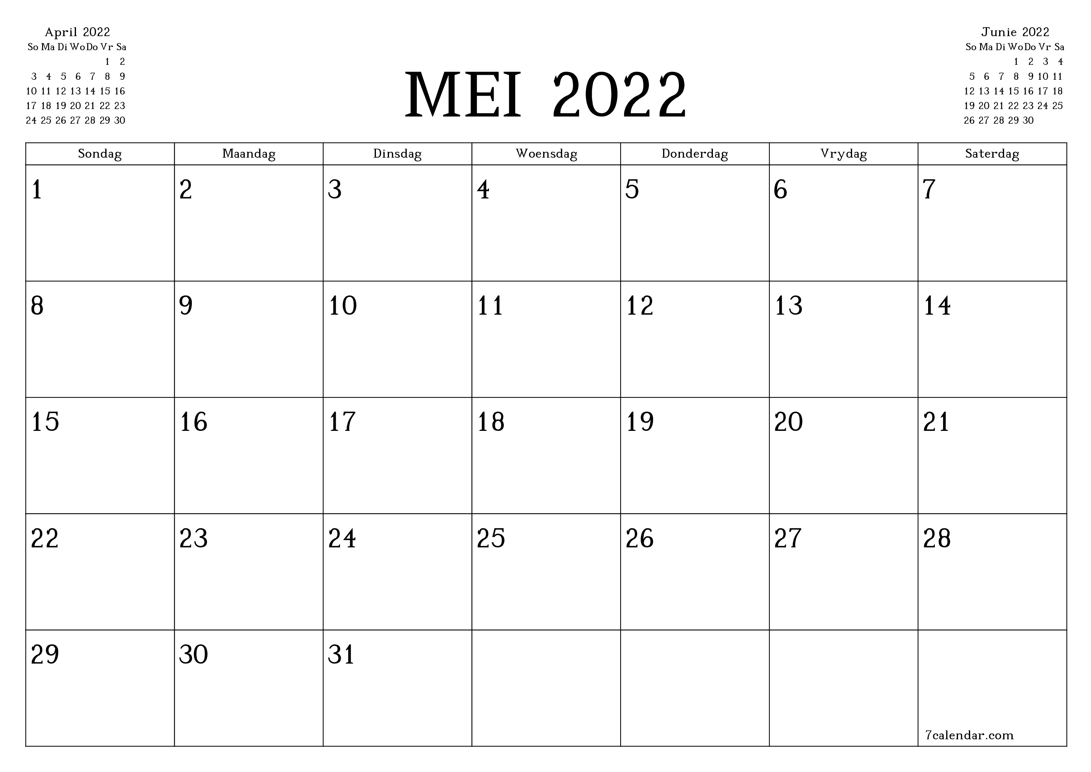 Leë maandelikse drukbare kalender en beplanner vir maand Mei 2022 met notas stoor en druk na PDF PNG Afrikaans