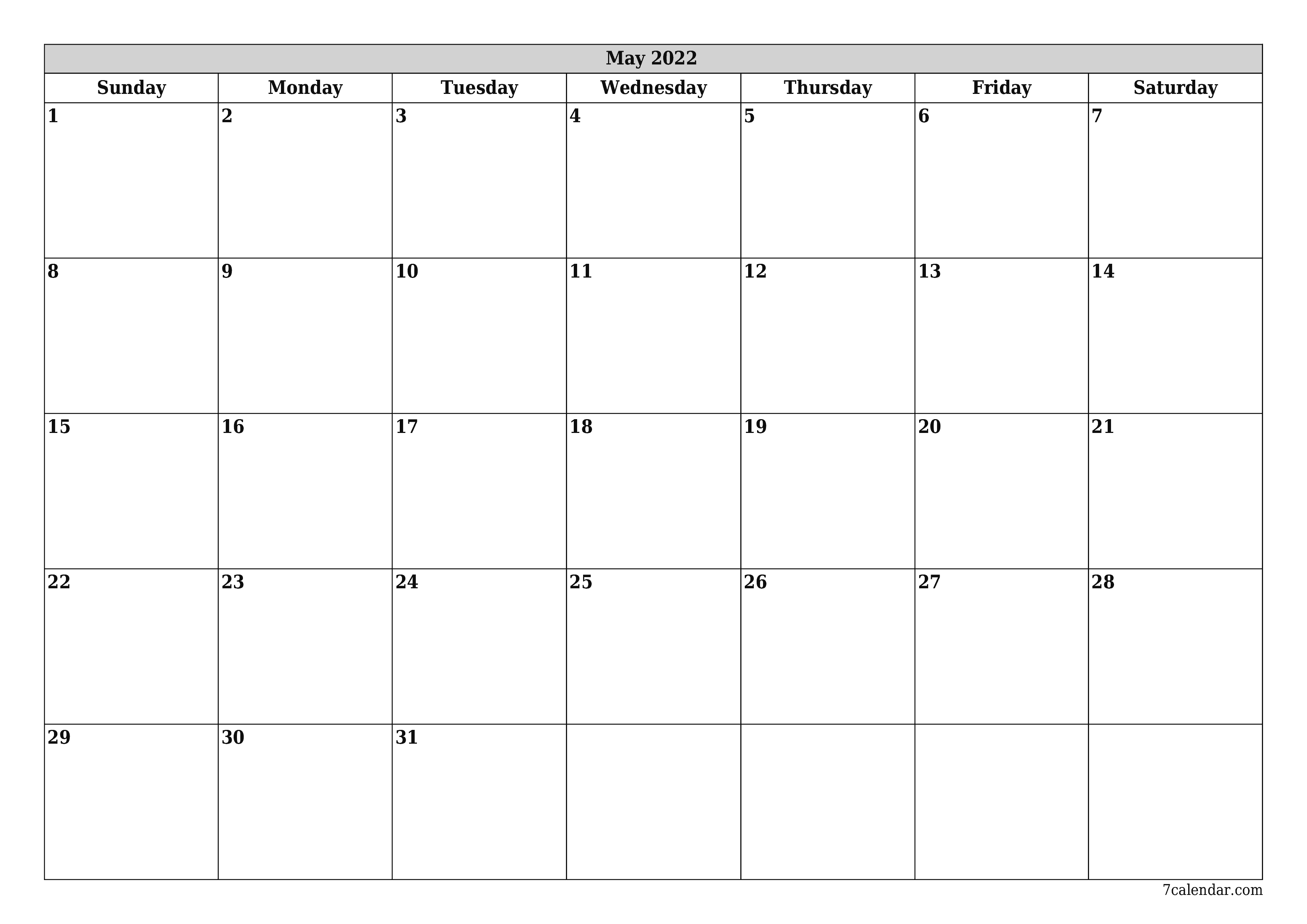 Blank monthly printable calendar and planner for month May 2022 with notes save and print to PDF PNG English