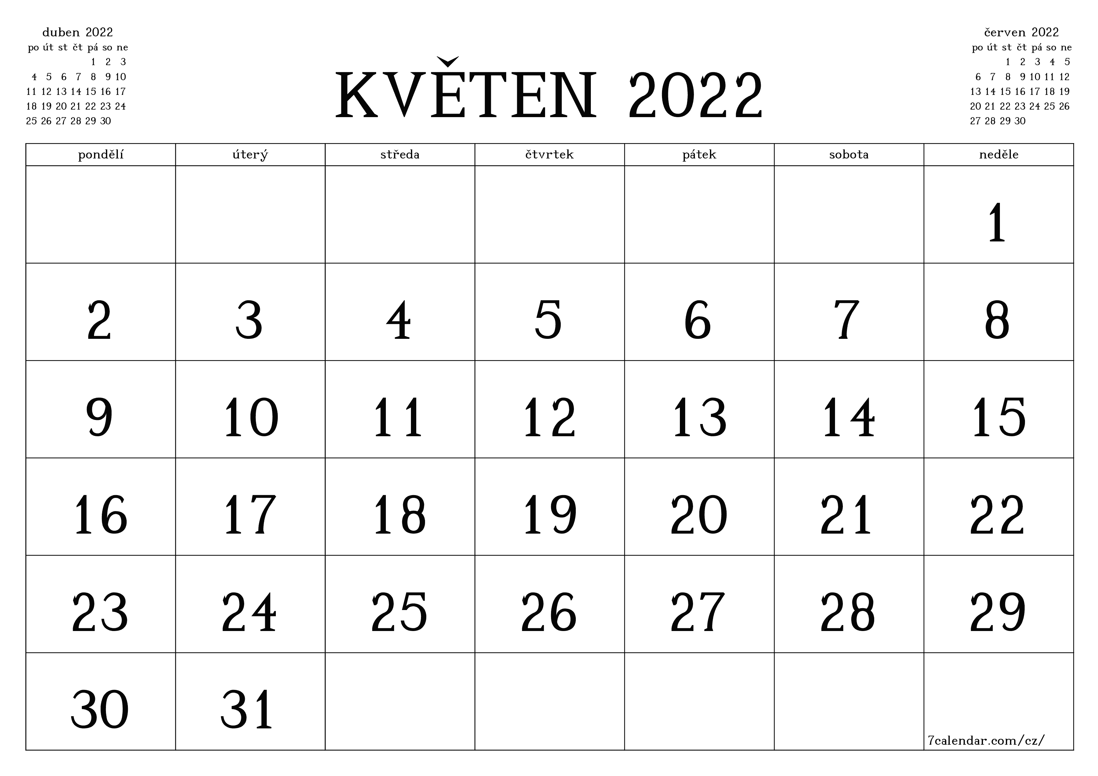 Prázdný měsíční kalendář na měsíc květen 2022 uložit a vytisknout do PDF PNG Czech - 7calendar.com