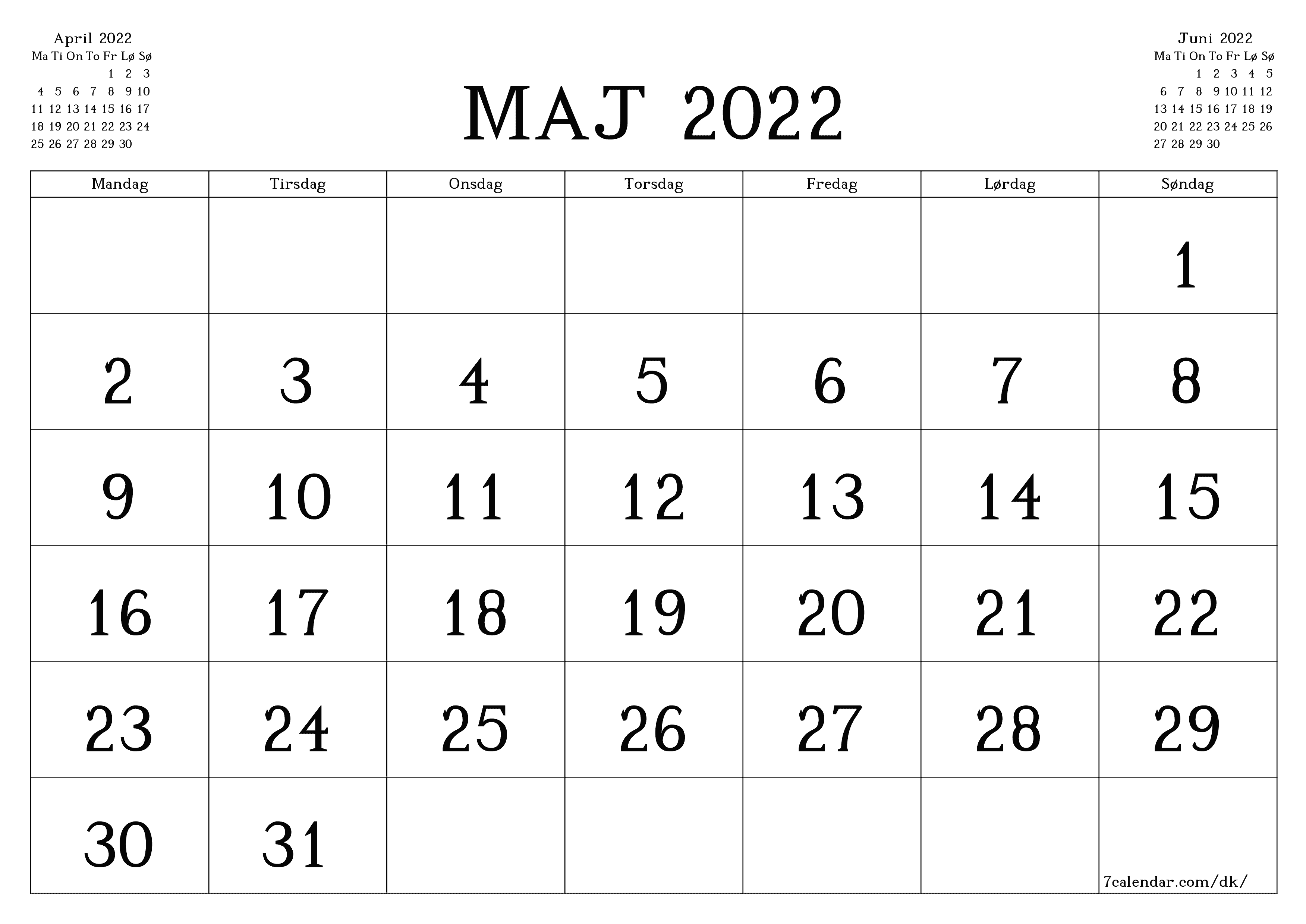 Tom månedlig planlægning for måned Maj 2022 med noter, gem og udskriv til PDF PNG Danish - 7calendar.com