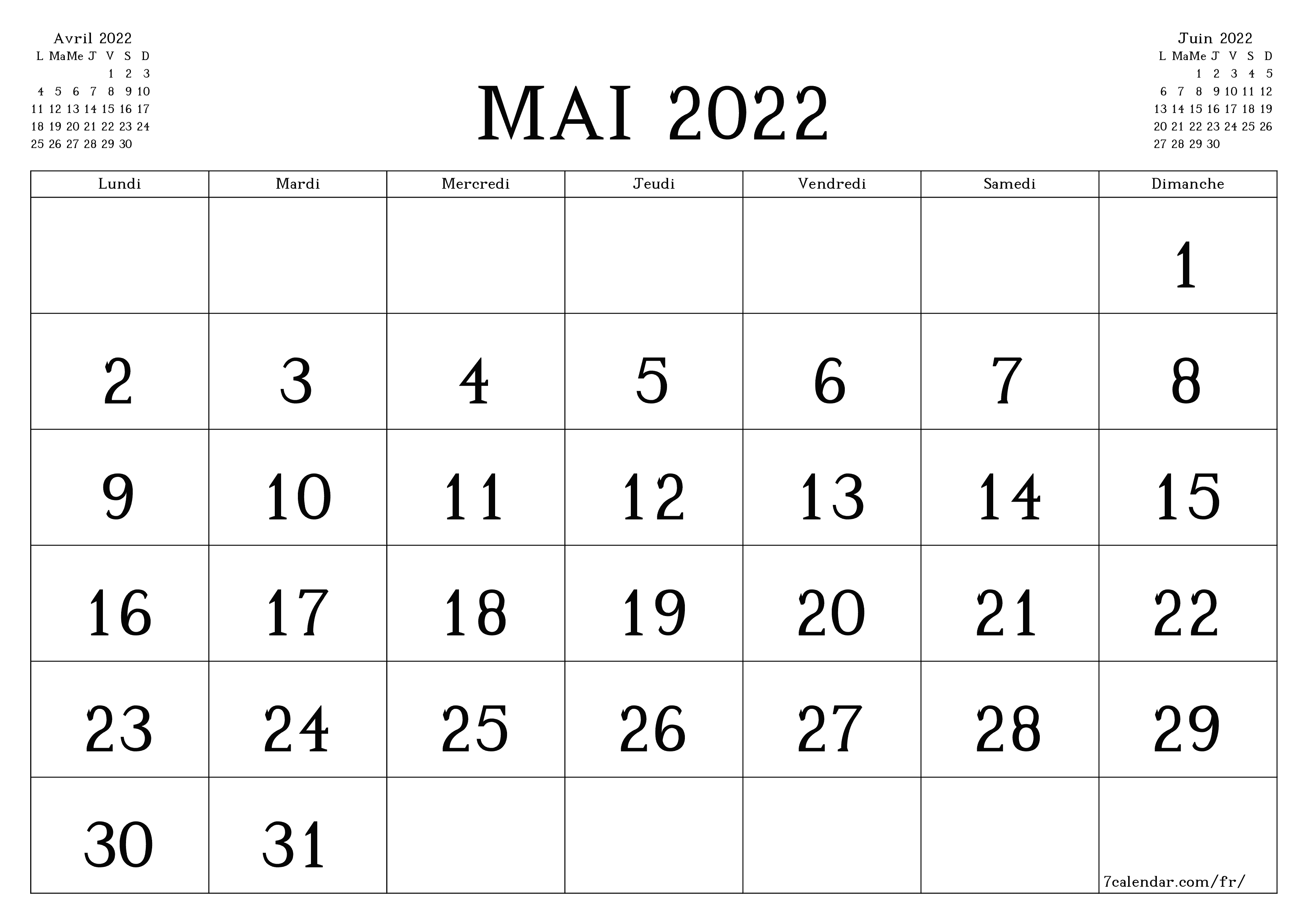 Agenda mensuel vide pour le mois Mai 2022 avec notes, enregistrez et imprimez au format PDF PNG French