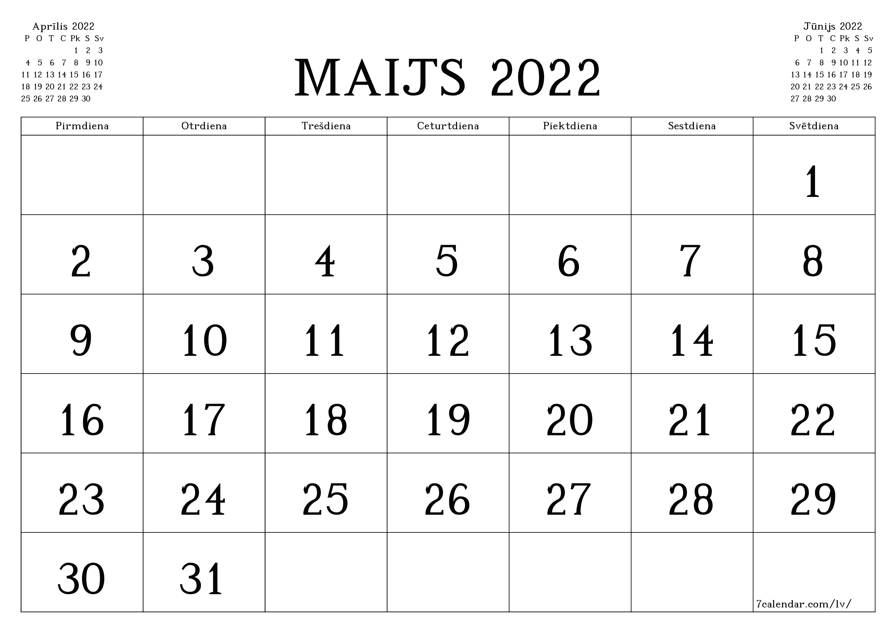 izdrukājams sienas kalendāra veidne bezmaksas horizontāli Mēneša kalendārs Maijs (Mai) 2022