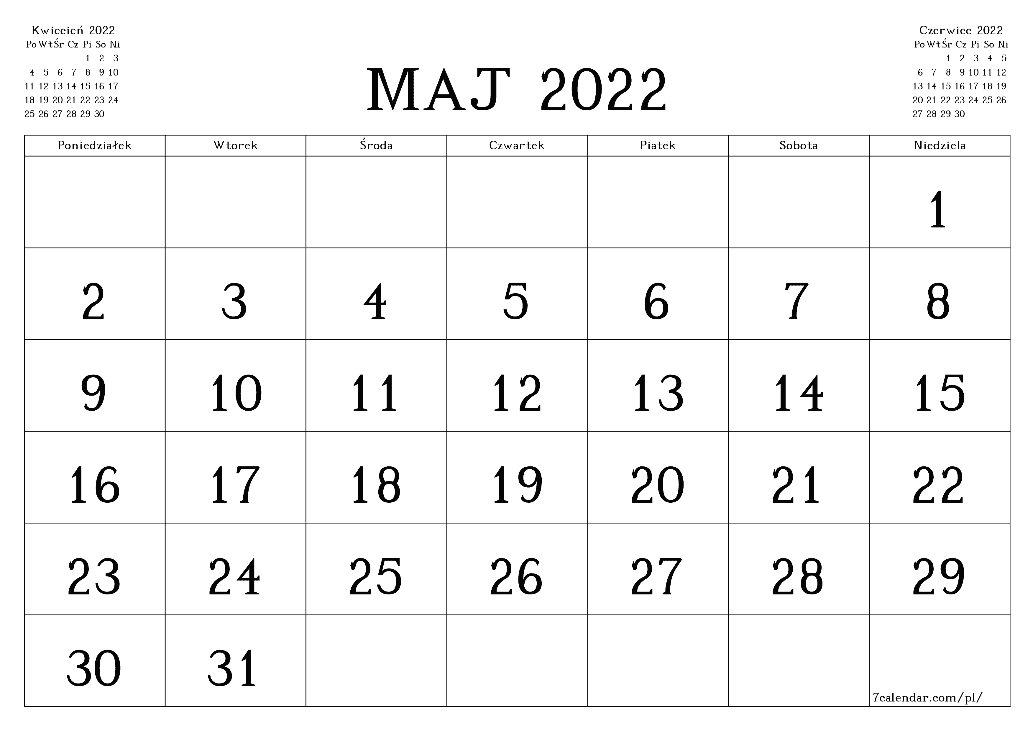 Opróżnij miesięczny planer na miesiąc Maj 2022 z notatkami, zapisz i wydrukuj w formacie PDF PNG Polish