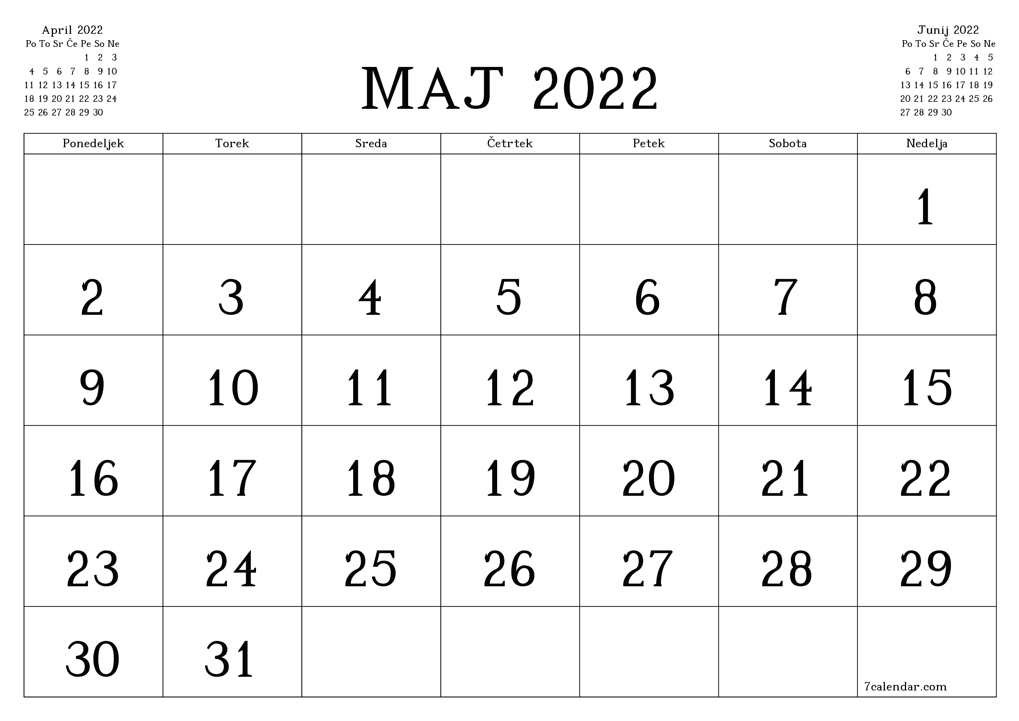 Prazen mesečni načrtovalec koledarja za mesec Maj 2022 z opombami, natisnjenimi v PDF PNG Slovenian - 7calendar.com