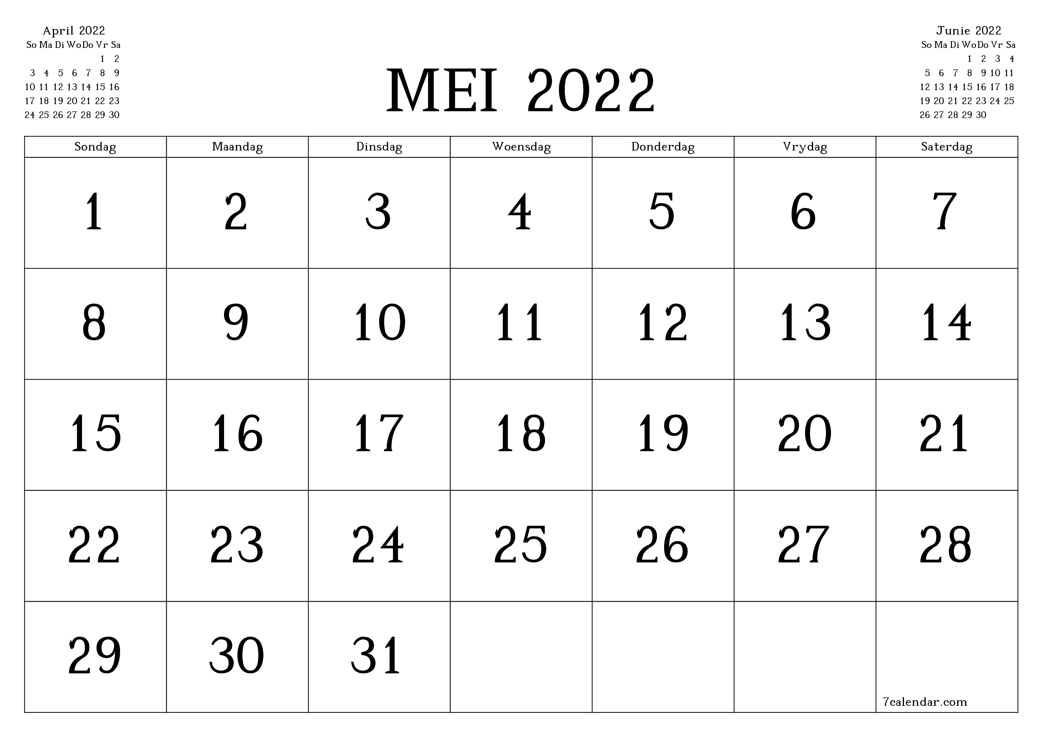 Leë maandelikse drukbare kalender en beplanner vir maand Mei 2022 met notas stoor en druk na PDF PNG Afrikaans - 7calendar.com