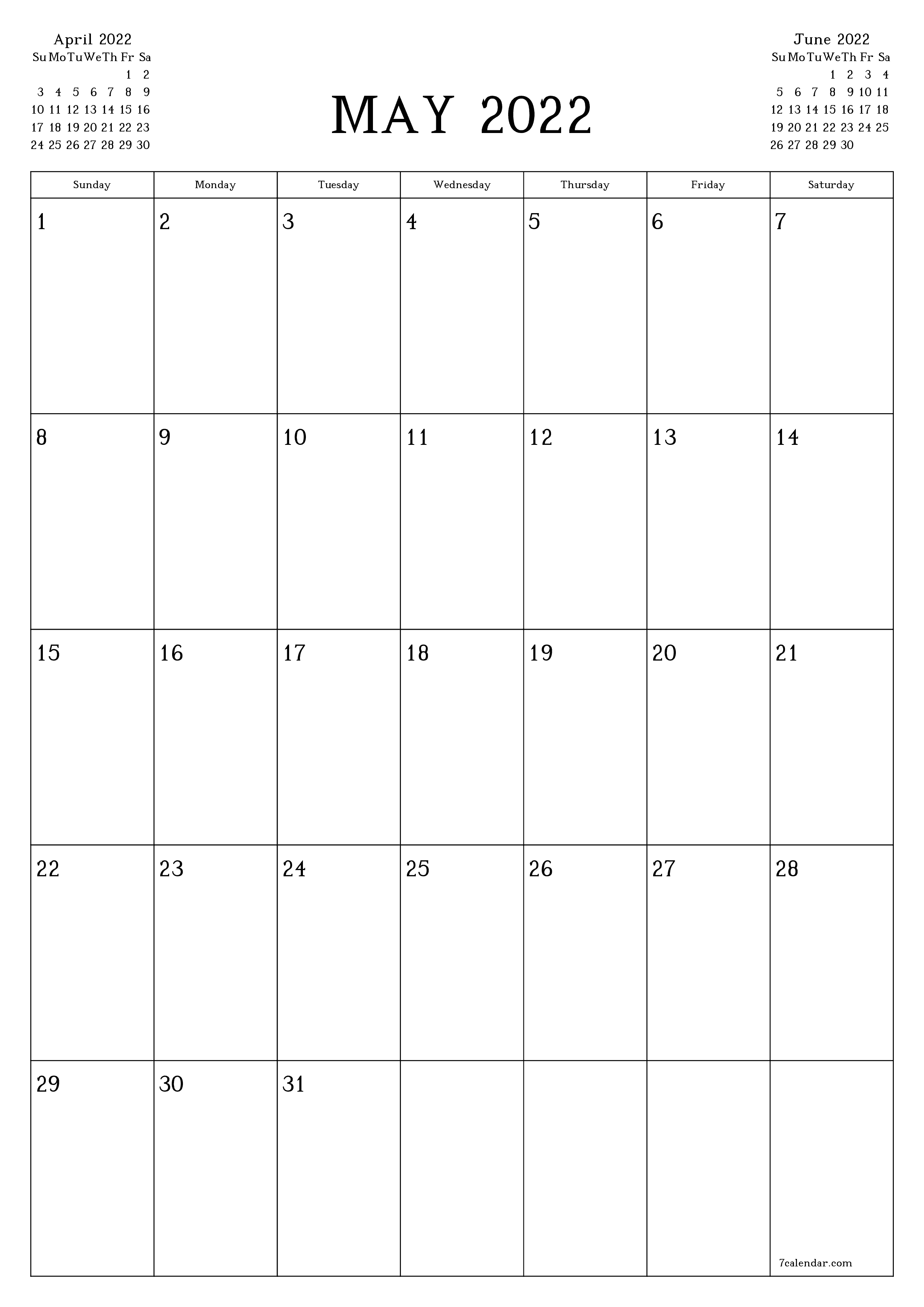 Blank monthly calendar planner for month May 2022 with notes save and print to PDF PNG English - 7calendar.com