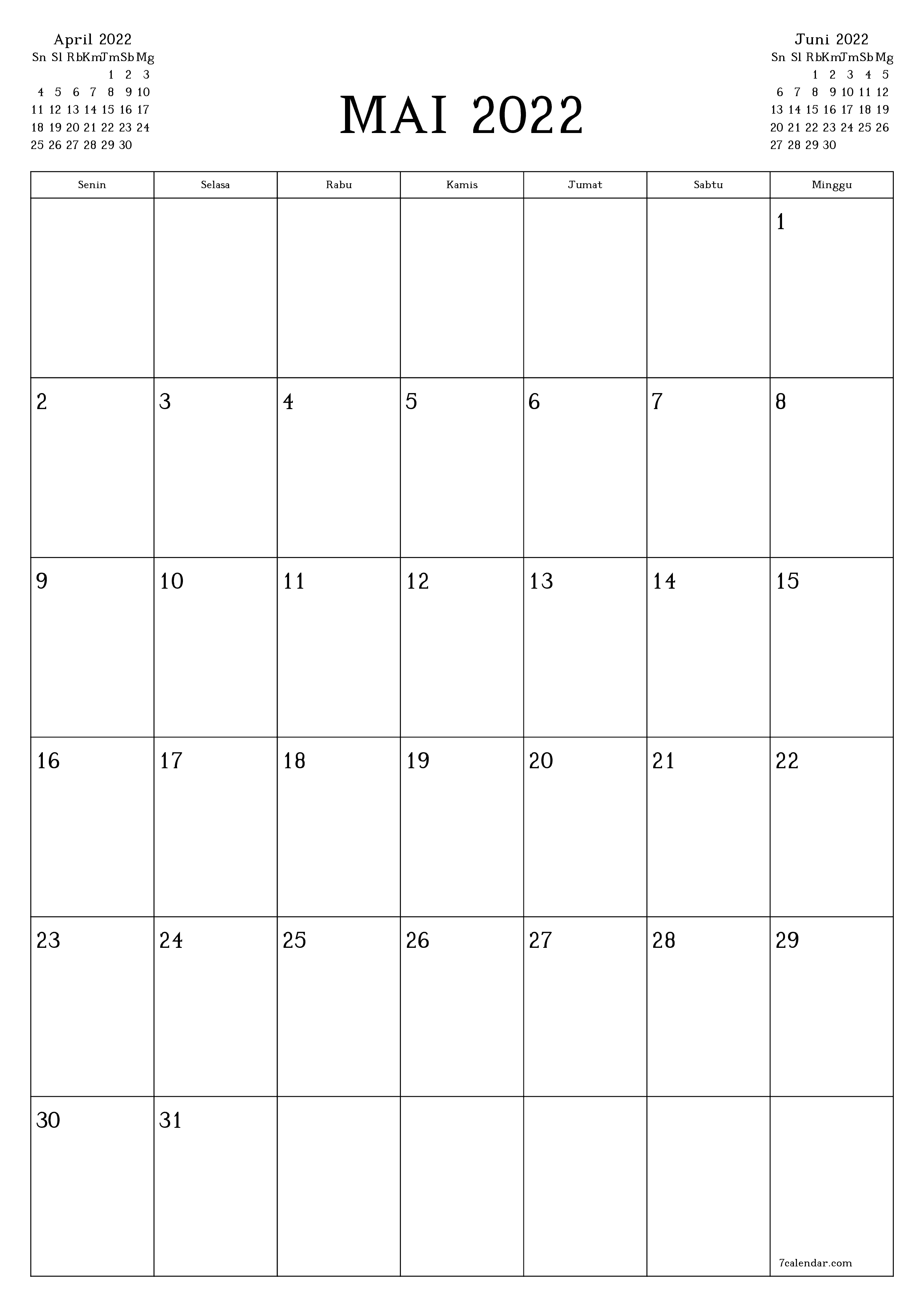  yang dapat dicetak dinding templat gratisvertikal Bulanan perencana kalender Mai (Mai) 2022