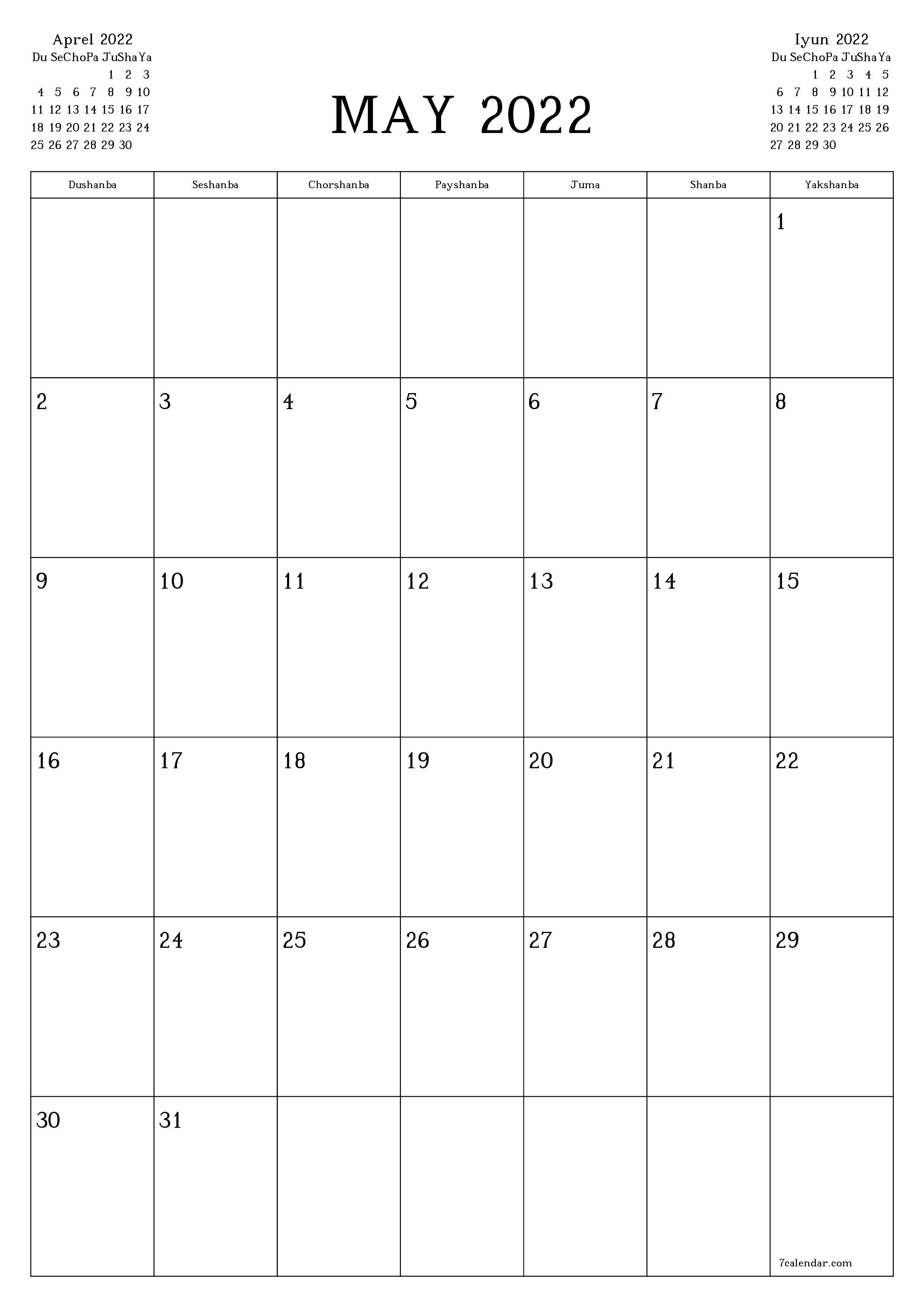 chop etiladigan devor taqvimi shabloni bepul vertikal Oylik rejalashtiruvchi kalendar May (May) 2022