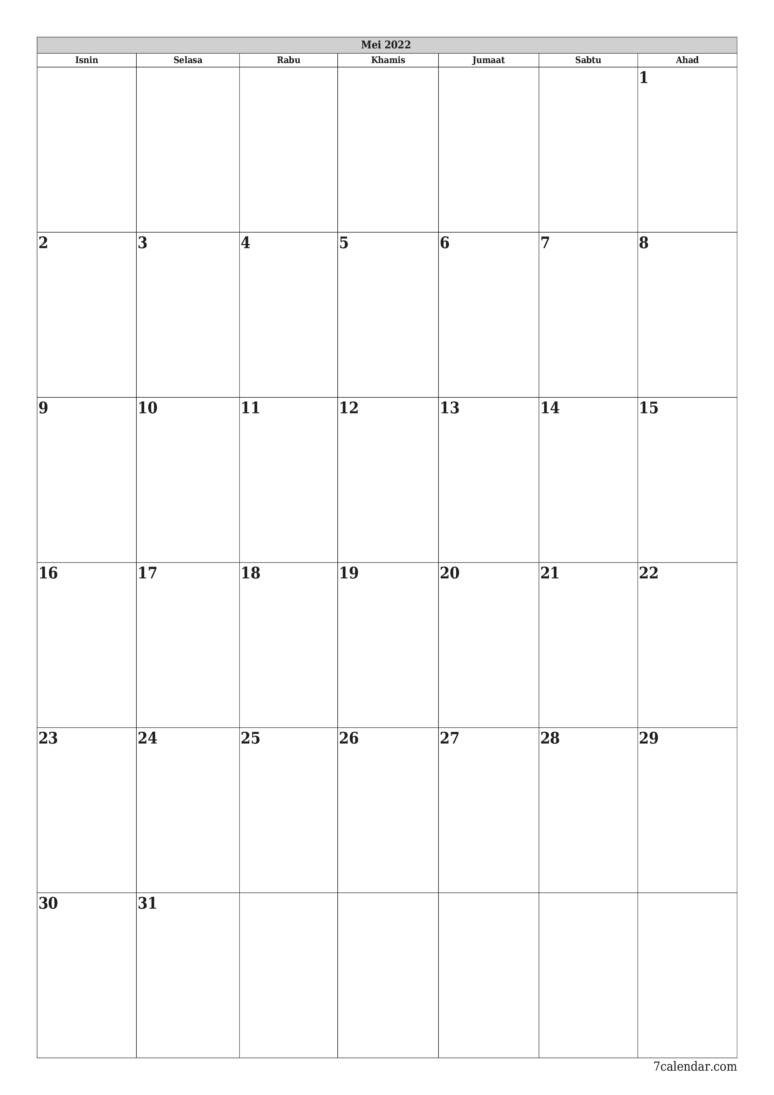  boleh cetak dinding templat percumamenegak Bulanan perancang kalendar Mei (Mei) 2022